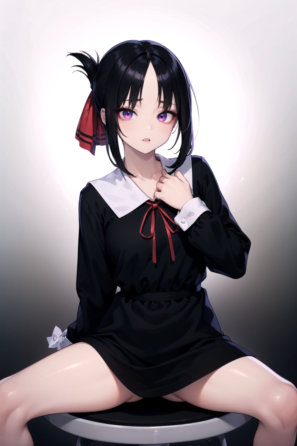 //Quality,
masterpiece, best quality
,//Character,
1girl, solo
,//Fashion, 
,//Background,
white_background
,//Others,
,spread legs, 
,shinomiya_kaguya,((black dark gradient hair:1.5)), gradient eyes, mascara, parted lips, parted bangs, ribbon, red ribbon, hair ribbon, folded ponytail, dress, black dress, school uniform, long sleeves, neck ribbon