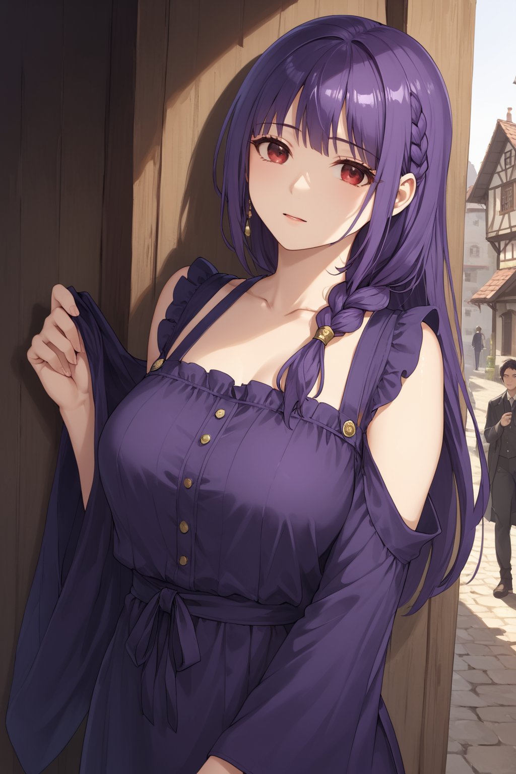 score_9,score_8_up,score_7_up,score_6_up, masterpiece, best quality, highres
,//Character, 
1girl, solo, long hair, purple hair, single braid, red eyes
,//Fashion, 

,//Background, 
,//Others, ,Expressiveh, 
A young woman in a medieval village, looking worried, surrounded by concerned villagers, dark shadows lurking in the background, ominous atmosphere,TatibanaYuStyle