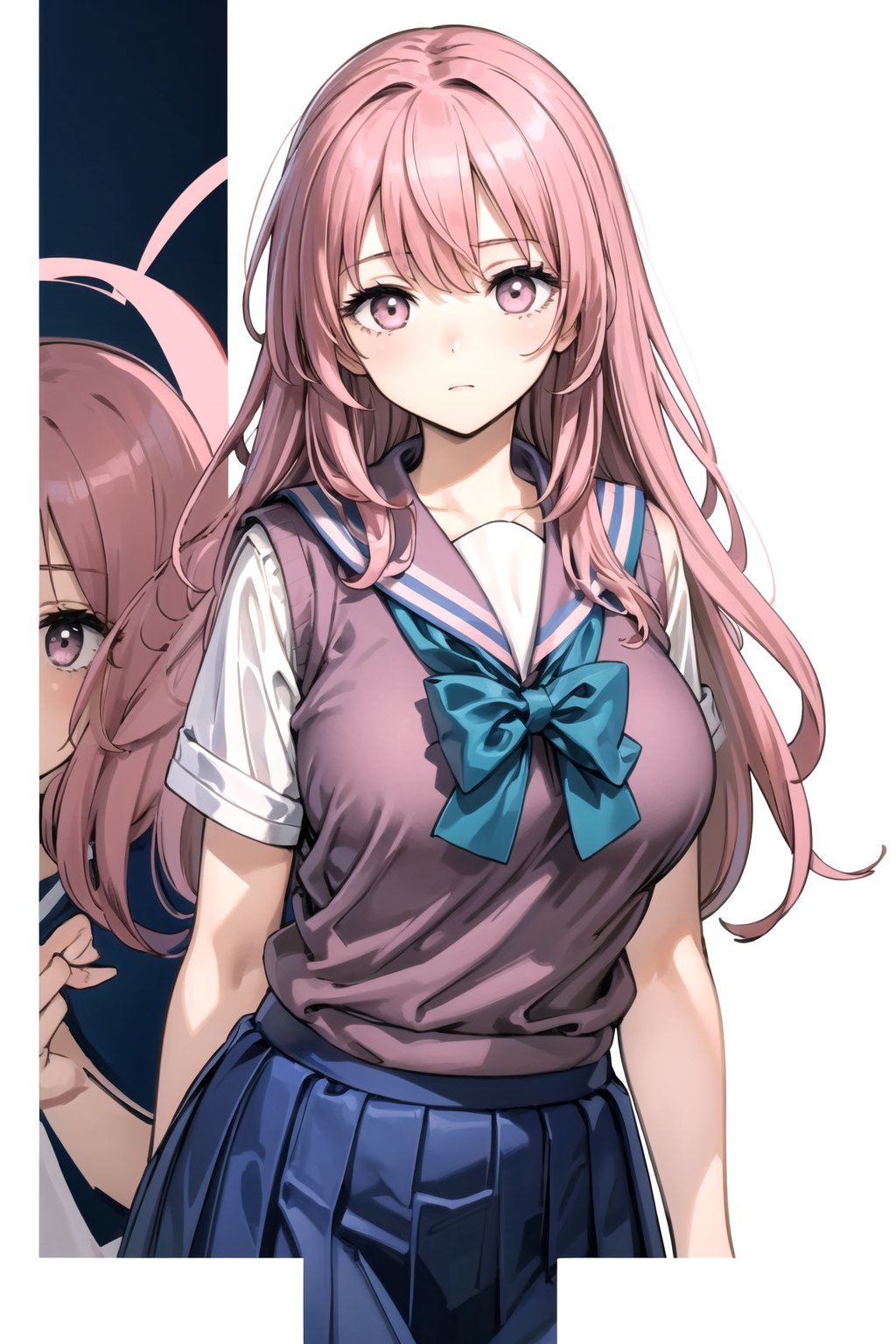 //Quality,
masterpiece, best quality
,//Character,
1girl, solo
,//Fashion, 
,//Background,
white_background
,//Others,
,spread legs, 
,inui shinju lj,pink hair, pink eyes, long hair, big breasts, upper body,school uniform, sailor collar, sweater vest, blue skirt, green bow