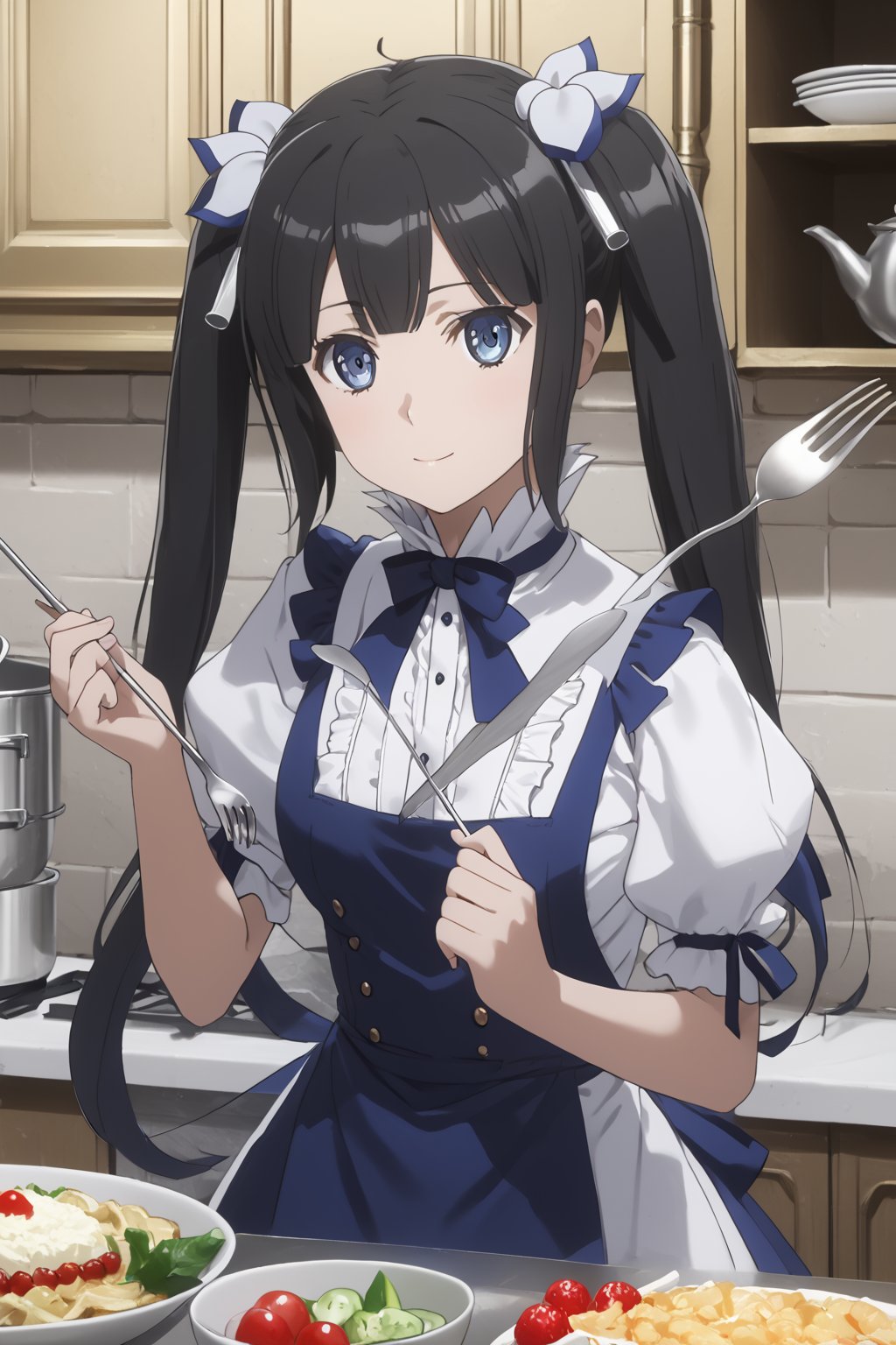 masterpiece, best quality, highres
,//Character, 
1girl,hestia, black hair, blue eyes,
twin tails/long hair, hair ornament
,//Fashion, 

,//Background, 
,//Others, ,Expressiveh, 
A girl conducting an orchestra of kitchen utensils, each spoon and fork playing itself while floating in mid-air.