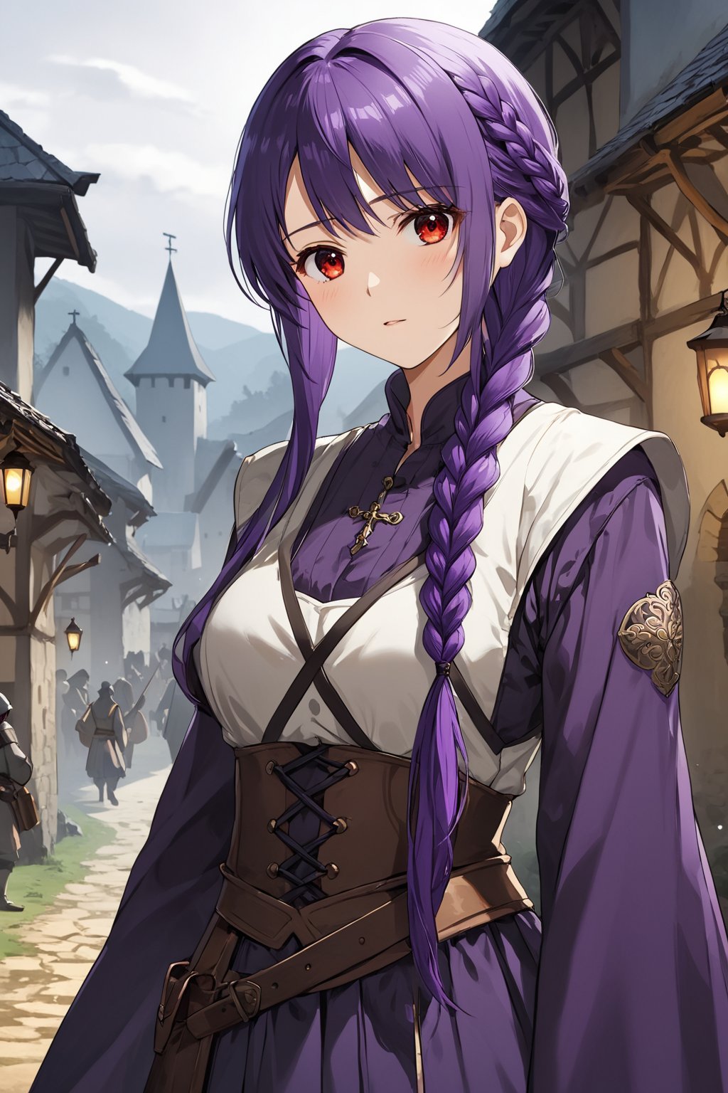 score_9,score_8_up,score_7_up,score_6_up, masterpiece, best quality, highres
,//Character, 
1girl, solo, long hair, purple hair, single braid, red eyes
,//Fashion, 

,//Background, 
,//Others, ,Expressiveh, 
A young woman in a medieval village, looking worried, surrounded by concerned villagers, dark shadows lurking in the background, ominous atmosphere,TatibanaYuStyle