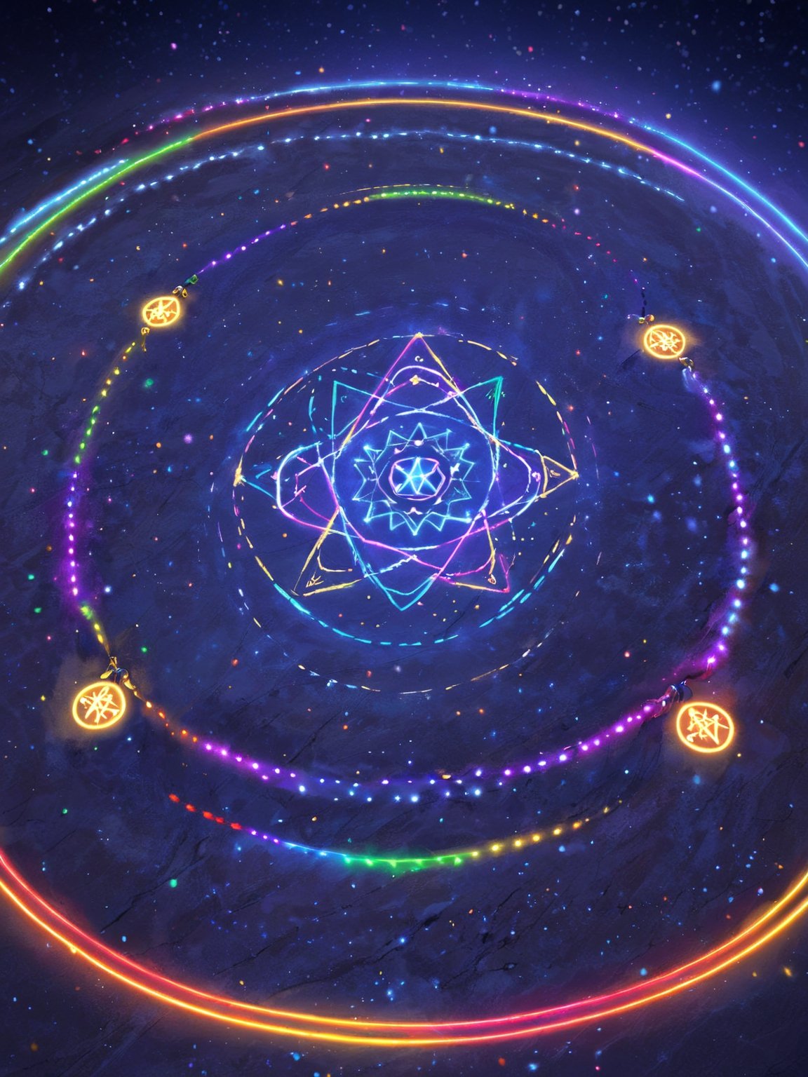 {{masterpiece}},best quality},{highres}, (santa),solo,detailed face,night with bright colorful lights, When the magic circle on the ground is activated, Santa sit, on the runes and energies on each circle will be interconnected to form a complete magic network
