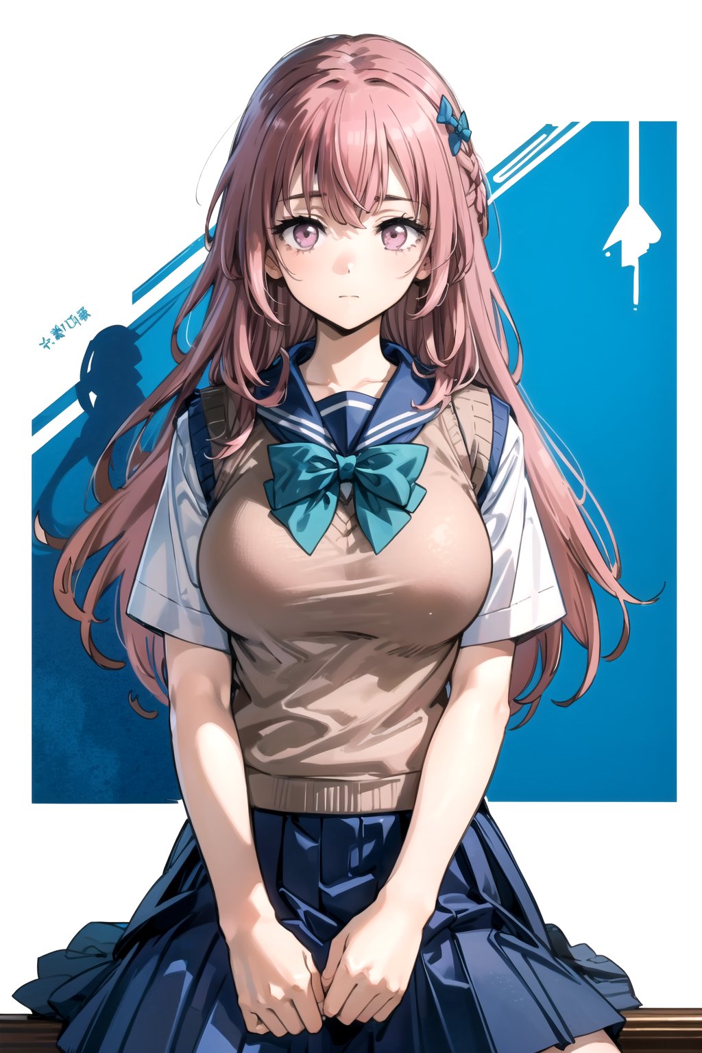 //Quality,
masterpiece, best quality
,//Character,
1girl, solo
,//Fashion, 
,//Background,
white_background
,//Others,
,spread legs, 
,inui shinju lj,pink hair, pink eyes, long hair, big breasts, upper body,school uniform, sailor collar, sweater vest, blue skirt, green bow