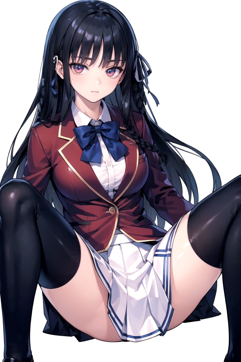 //Quality,
masterpiece, best quality
,//Character,
1girl, solo
,//Fashion, 
,//Background,
white_background
,//Others,
,spread legs, 
,aasuzune, long hair, black hair, single braid, hair ribbon, red jacket, blazer, blue bowtie, long sleeves, white skirt, black thighhighs