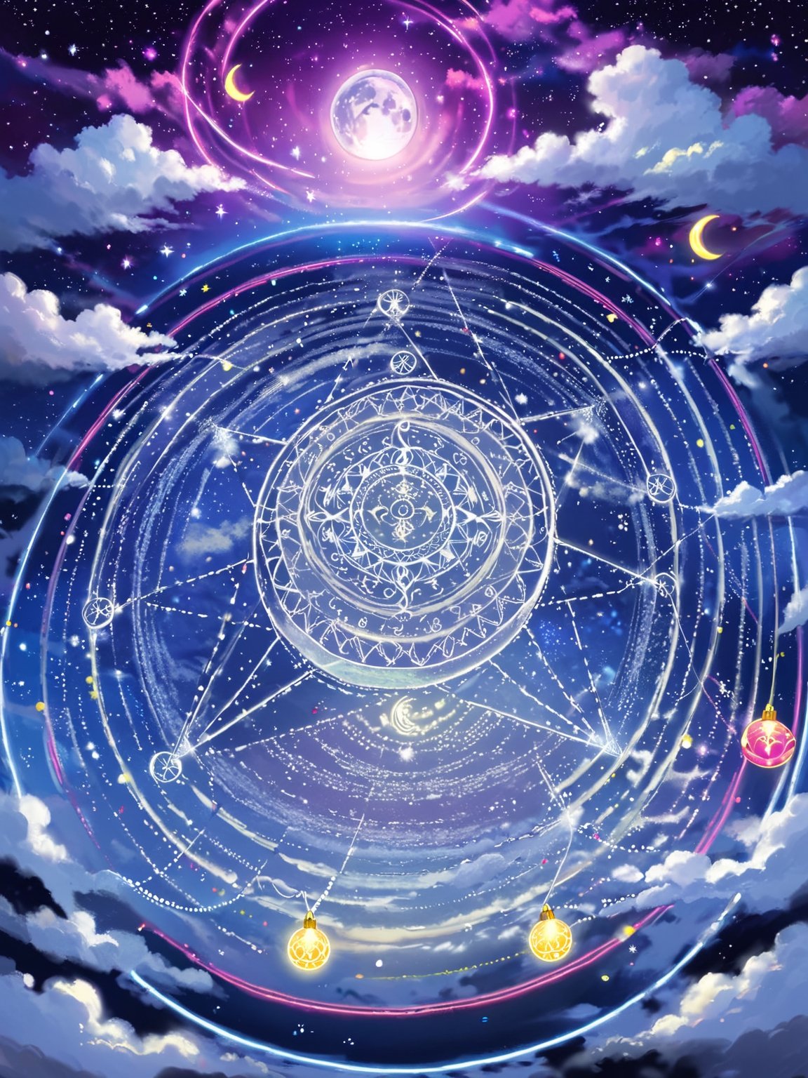 {{masterpiece}},best quality},{highres}, (santa),solo,detailed face,night with bright colorful lights whith richly layered clouds and clouded moon in the detailed sky, When the magic circle on the ground is activated, Santa sit, on the runes and energies on each circle will be interconnected to form a complete magic network