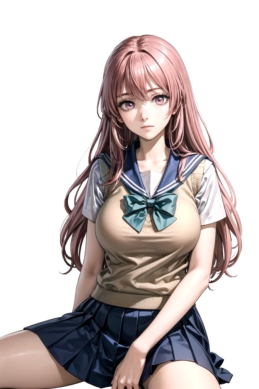 //Quality,
masterpiece, best quality
,//Character,
1girl, solo
,//Fashion, 
,//Background,
white_background
,//Others,
,spread legs, 
,inui shinju lj,pink hair, pink eyes, long hair, big breasts, upper body,school uniform, sailor collar, sweater vest, blue skirt, green bow