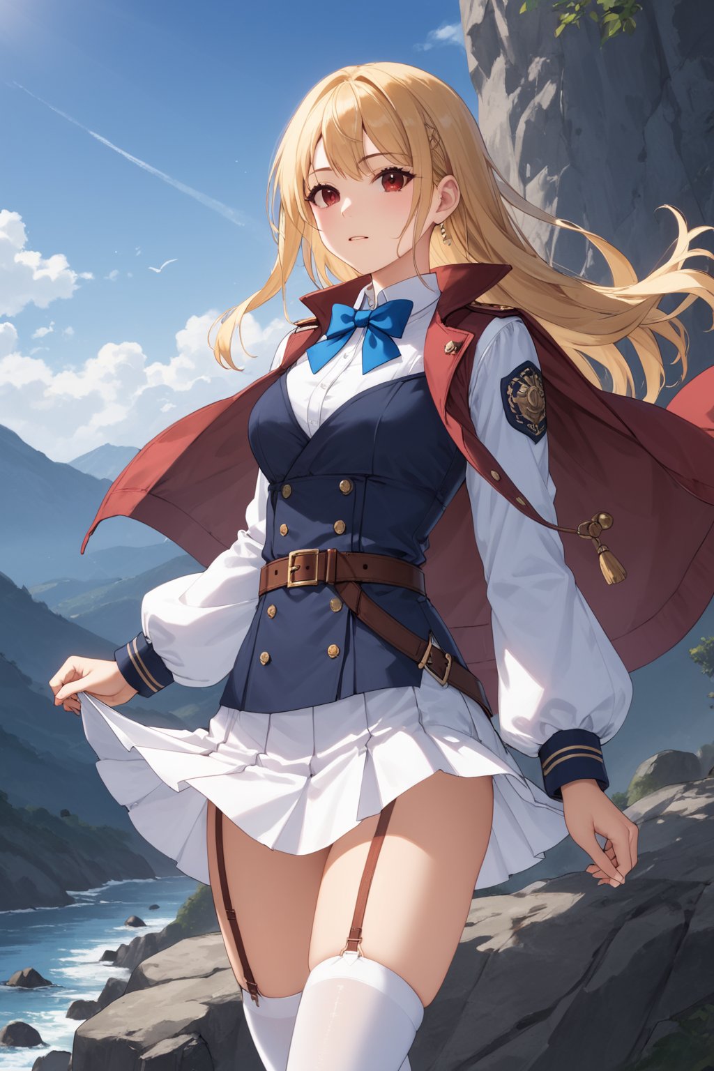 score_9,score_8_up,score_7_up,score_6_up, source_anime, masterpiece, best quality, 8k, 8k UHD, ultra-high resolution, ultra-high definition, highres, cinematic lighting
,//Character, 
1girl, solo,Terakomari, long hair, blonde hair, red eyes, ahoge
,//Fashion, 
red coat, belt buckle, blue bowtie, long sleeves, white skirt, bow, white thighhighs, garter straps
,//Background, 
,//Others, ,Expressiveh,
The girl climbing a steep, rocky cliff face. Her dress is slightly torn, and her hair is windswept. She's reaching for a handhold, determination evident on her face. Dark storm clouds gather in the background, adding drama to the scene.