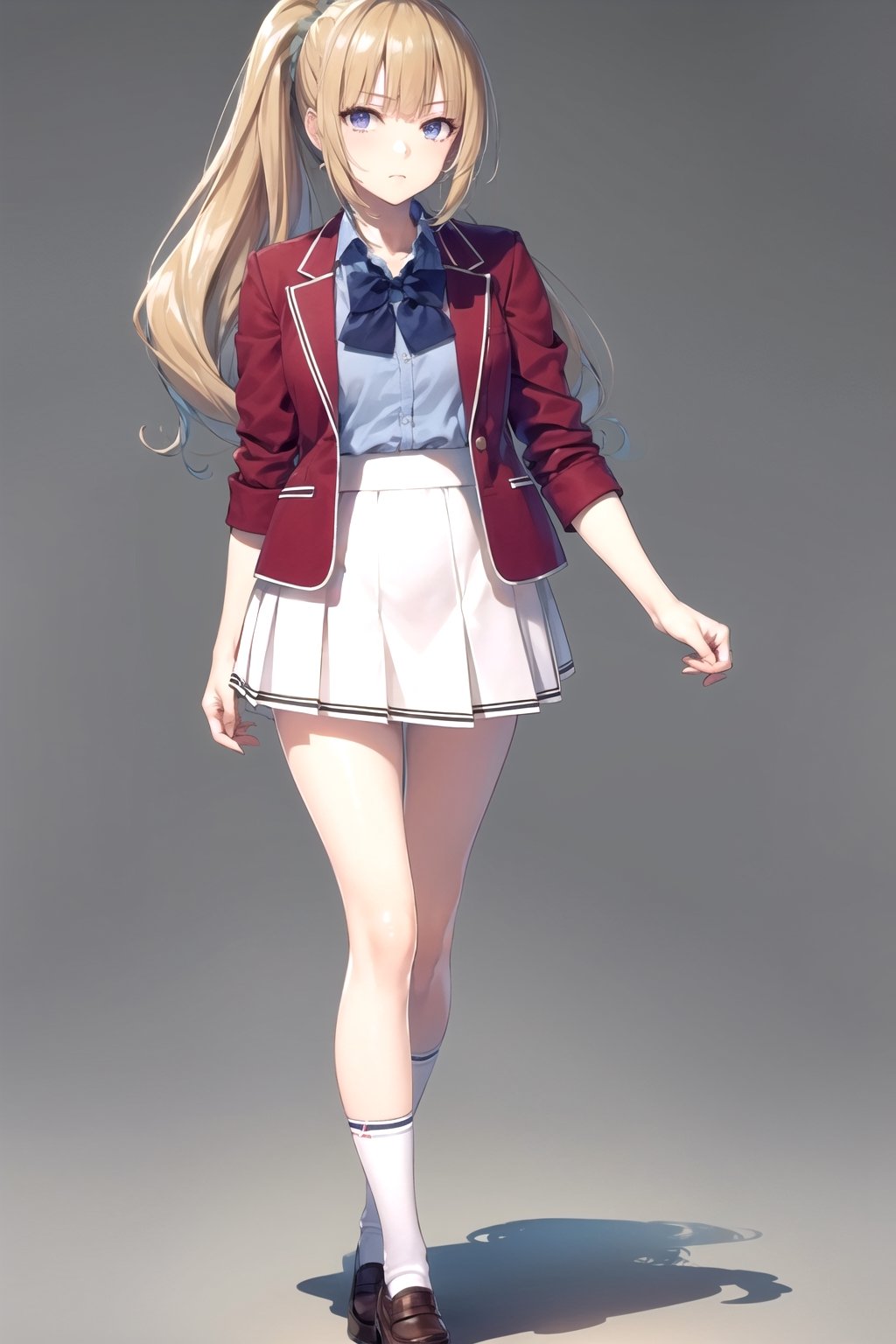 //Quality,
masterpiece, best quality
,//Character,
1girl, solo
,//Fashion,
,//Background,
white_background, simple_background
,//Others,
,KeiKaruizawa, hair scrunchie, school uniform, blue shirt, bowtie, white skirt, red jacket, open jacket, full_body