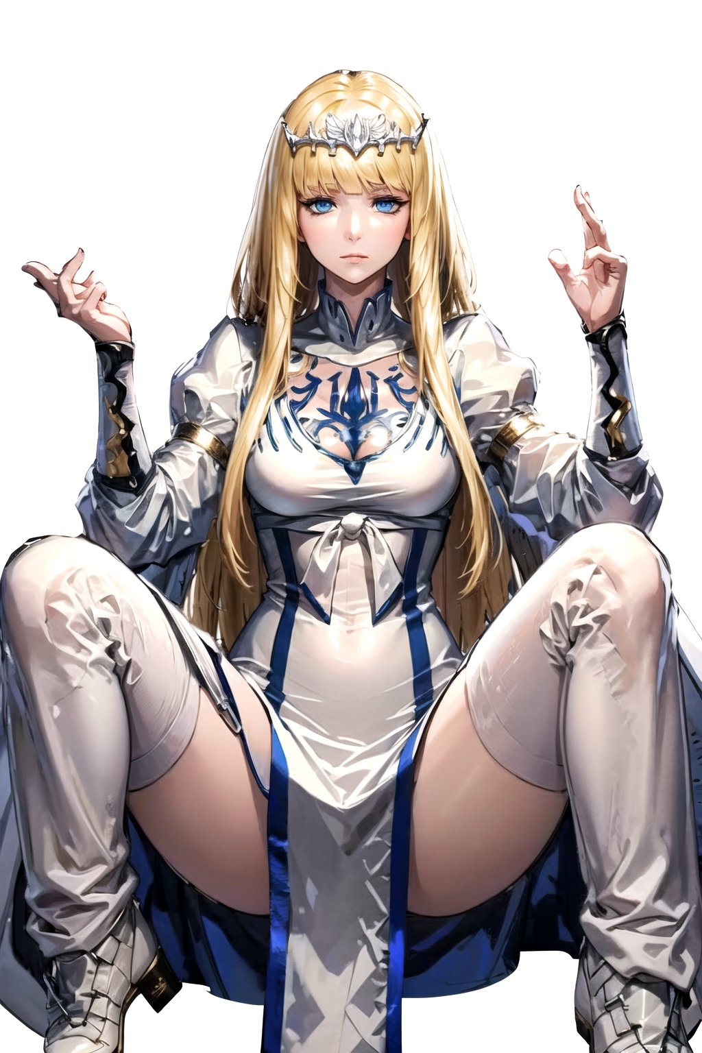 //Quality,
masterpiece, best quality
,//Character,
1girl, solo
,//Fashion, 
,//Background,
white_background
,//Others,
,spread legs, 
Calca, blonde hair, long hair, white tiara, white dress, blue eyes