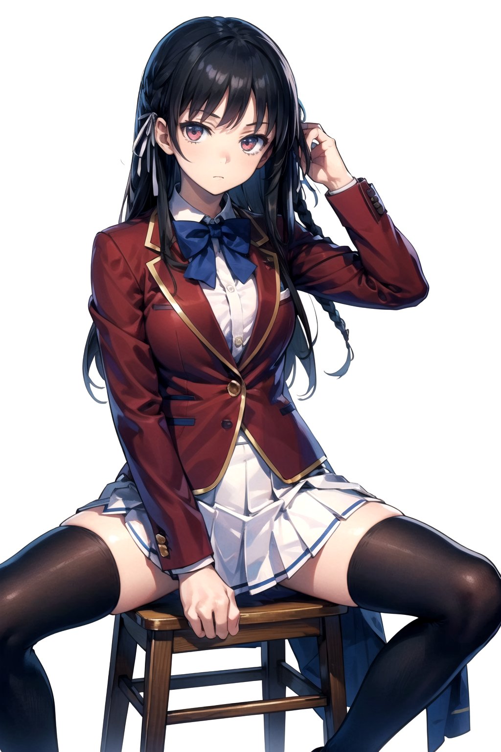 //Quality,
masterpiece, best quality
,//Character,
1girl, solo
,//Fashion, 
,//Background,
white_background
,//Others,
,spread legs, 
,aasuzune, long hair, black hair, single braid, hair ribbon, red jacket, blazer, blue bowtie, long sleeves, white skirt, black thighhighs