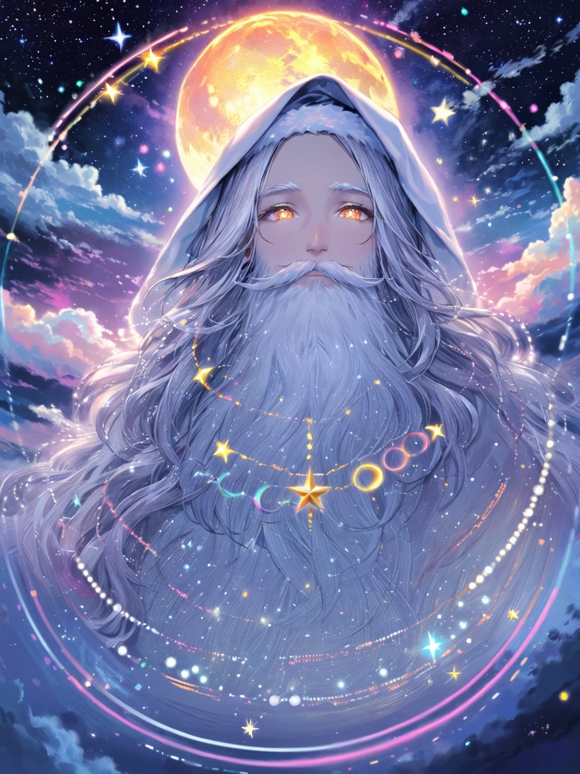 {{masterpiece}},best quality},{highres}, santa,solo,detailed face,night with bright colorful lights whith richly layered clouds and clouded moon in the detailed sky, When the magic circle is activated, the runes and energies on each circle will be interconnected to form a complete magic network