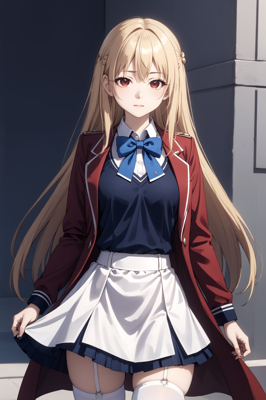 score_9,score_8_up,score_7_up,score_6_up, source_anime, masterpiece, best quality, 8k, 8k UHD, ultra-high resolution, ultra-high definition, highres, cinematic lighting
,//Character, 
1girl, solo,Terakomari, long hair, blonde hair, red eyes, ahoge
,//Fashion, 
red coat, belt buckle, blue bowtie, long sleeves, white skirt, bow, white thighhighs, garter straps
,//Background, 
,//Others, ,Expressiveh,
A girl in a slightly oversized school uniform, caught in a sudden gust of wind.
