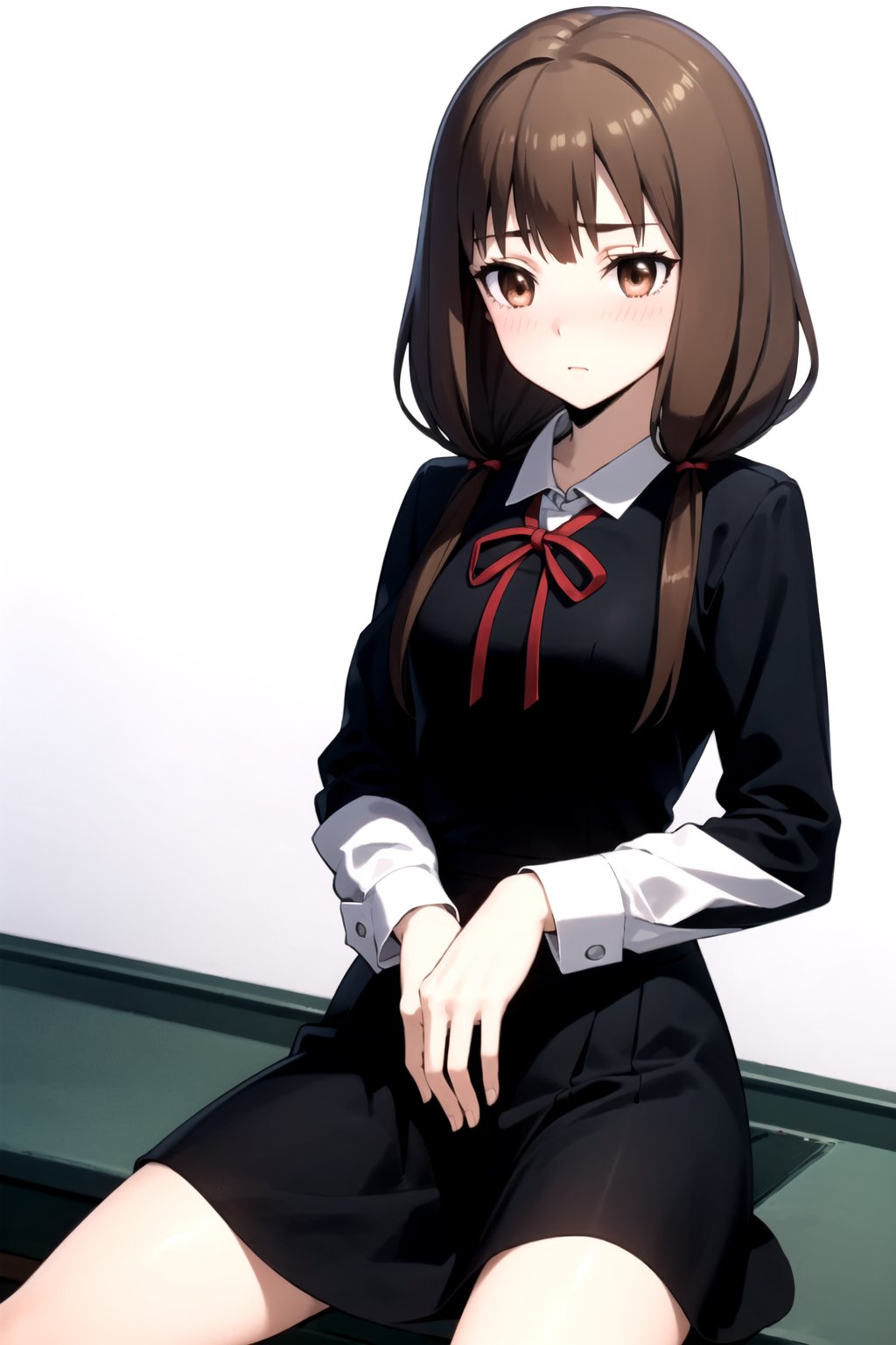 //Quality,
masterpiece, best quality
,//Character,
1girl, solo
,//Fashion, 
,//Background,
white_background
,//Others,
,spread legs, 
,brown hair, light blush, brown eyes, long hair, twintails,school uniform, black dress, red ribbon