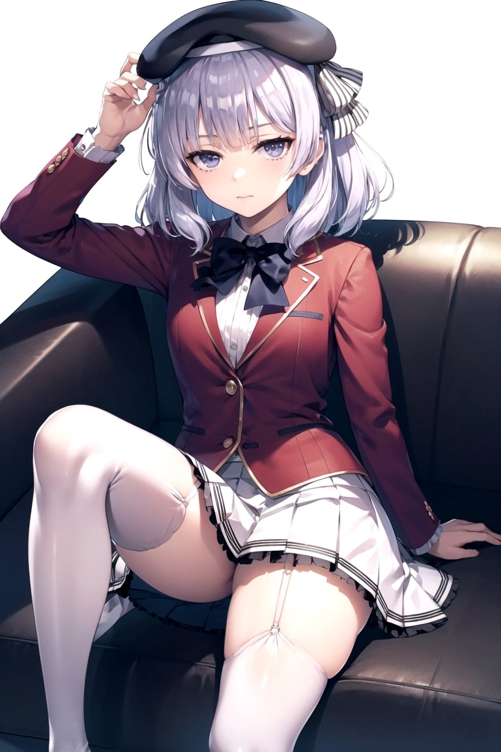 //Quality,
masterpiece, best quality
,//Character,
1girl, solo
,//Fashion,
,//Background,
white_background, simple_background
,//Others,
,aaarisu, medium hair, braid, blunt bangs, beret, black headwear, hat ribbon, blue bowtie, red jacket, blazer, long sleeves, white skirt, pleated skirt, garter straps, white thighhighs