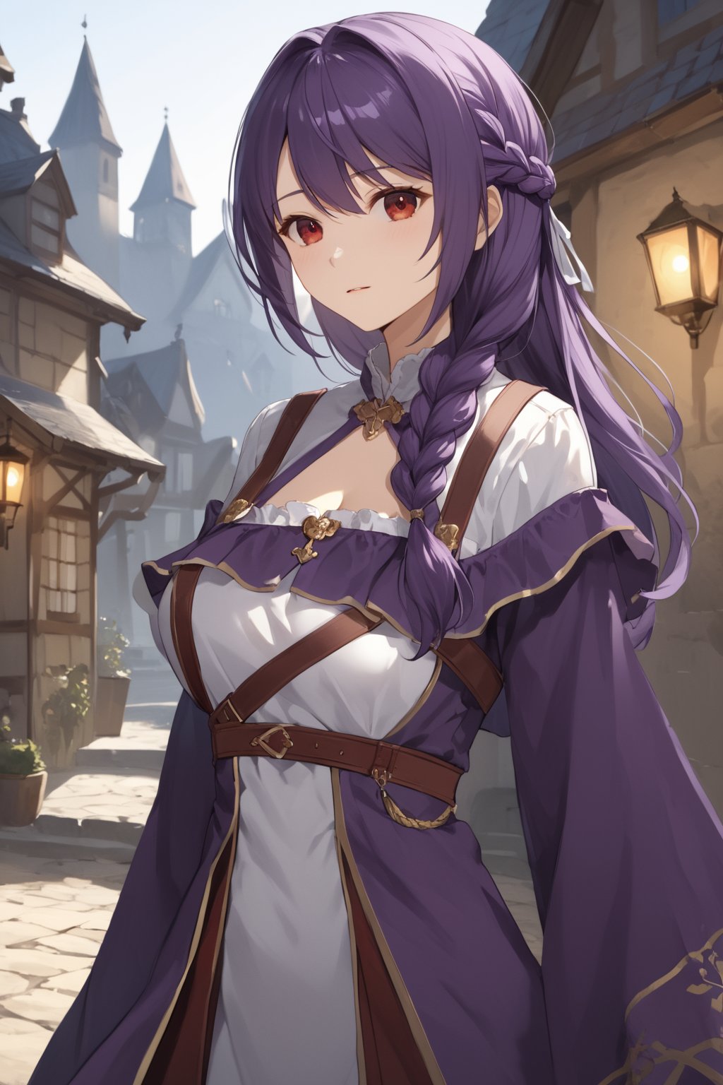 score_9,score_8_up,score_7_up,score_6_up, masterpiece, best quality, highres
,//Character, 
1girl, solo, long hair, purple hair, single braid, red eyes
,//Fashion, 

,//Background, 
,//Others, ,Expressiveh, 
A young woman in a medieval village, looking worried, surrounded by concerned villagers, dark shadows lurking in the background, ominous atmosphere,TatibanaYuStyle