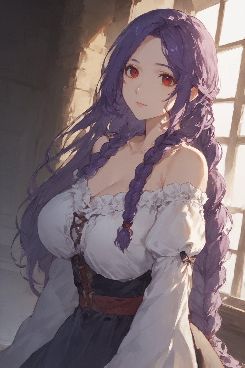 score_9,score_8_up,score_7_up,score_6_up, masterpiece, best quality, highres
,//Character, 
1girl, solo, long hair, purple hair, single braid, red eyes
,//Fashion, 

,//Background, 
,//Others, ,Expressiveh, 
A young woman in a medieval village, looking worried, surrounded by concerned villagers, dark shadows lurking in the background, ominous atmosphere,TatibanaYuStyle