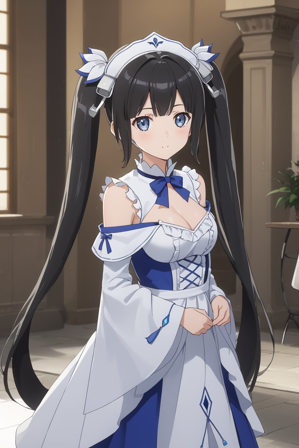 score_9,score_8_up,score_7_up,score_6_up, masterpiece, best quality, highres
,//Character, 
1girl,hestia, black hair, blue eyes,
twin tails/long hair, hair ornament
,//Fashion, 

,//Background, 
,//Others, ,Expressiveh, 
Female mage casting a barrier spell around a small town, magical energy flowing from her hands, townspeople watching in awe