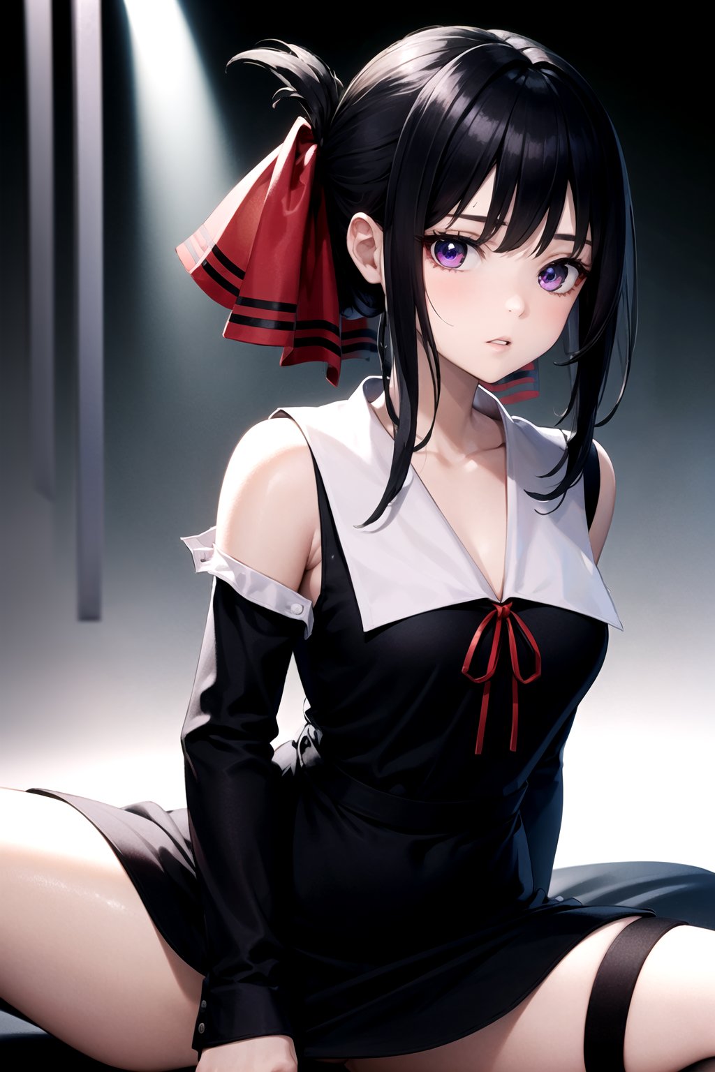 //Quality,
masterpiece, best quality
,//Character,
1girl, solo
,//Fashion, 
,//Background,
white_background
,//Others,
,spread legs, 
,shinomiya_kaguya,((black dark gradient hair:1.5)), gradient eyes, mascara, parted lips, parted bangs, ribbon, red ribbon, hair ribbon, folded ponytail, dress, black dress, school uniform, long sleeves, neck ribbon