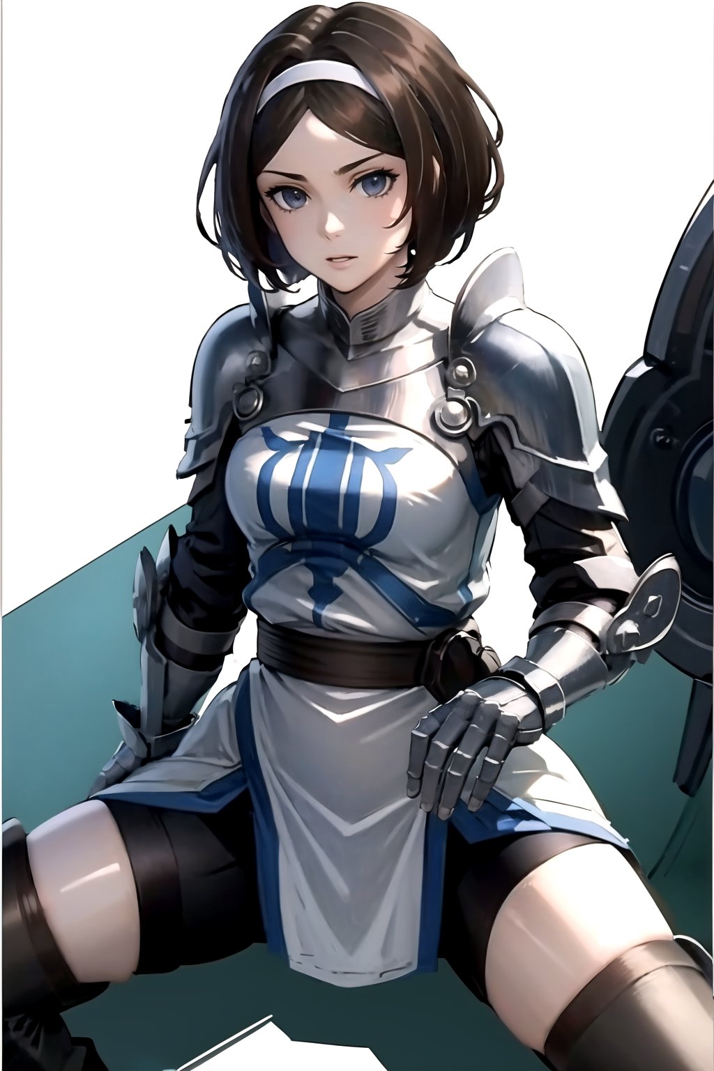 //Quality,
masterpiece, best quality
,//Character,
1girl, solo
,//Fashion, 
,//Background,
white_background
,//Others,
,spread legs, 
Remedios, short hair, hair band, brown hair, armor