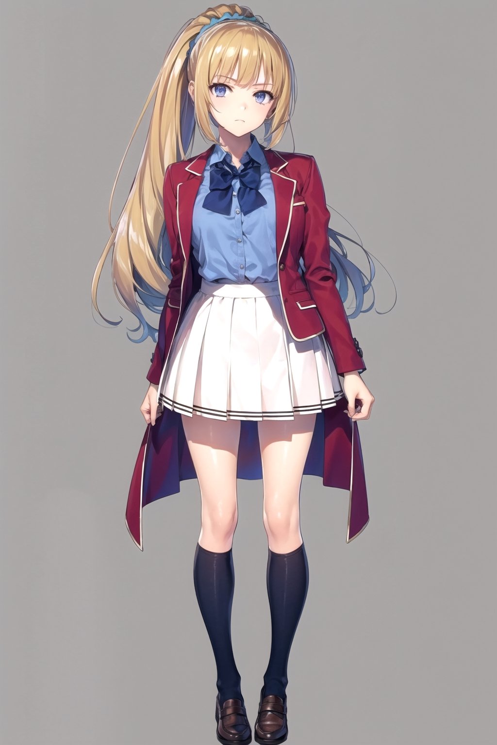//Quality,
masterpiece, best quality
,//Character,
1girl, solo
,//Fashion,
,//Background,
white_background, simple_background
,//Others,
,KeiKaruizawa, hair scrunchie, school uniform, blue shirt, bowtie, white skirt, red jacket, open jacket, full_body