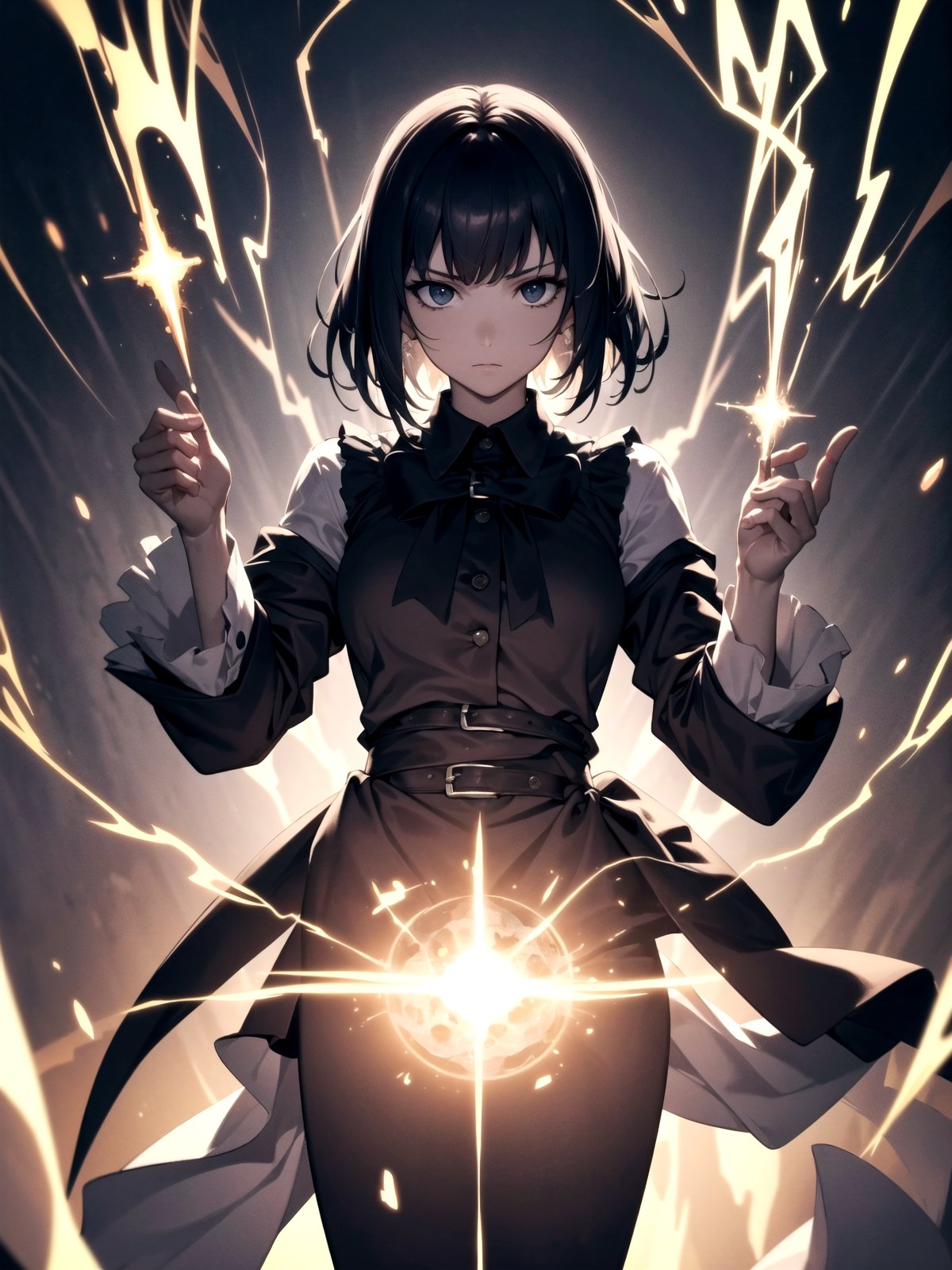 (masterpiece, top quality, best quality, official art, beautiful and aesthetic:1.2), 1girl, standing, hands up, close-up, magic, lightning, light rays, electric shock break, girl, break background school, magician, spell magic, style-swirlmagic:0.8, (using dark magic:1.4),narberal gamma