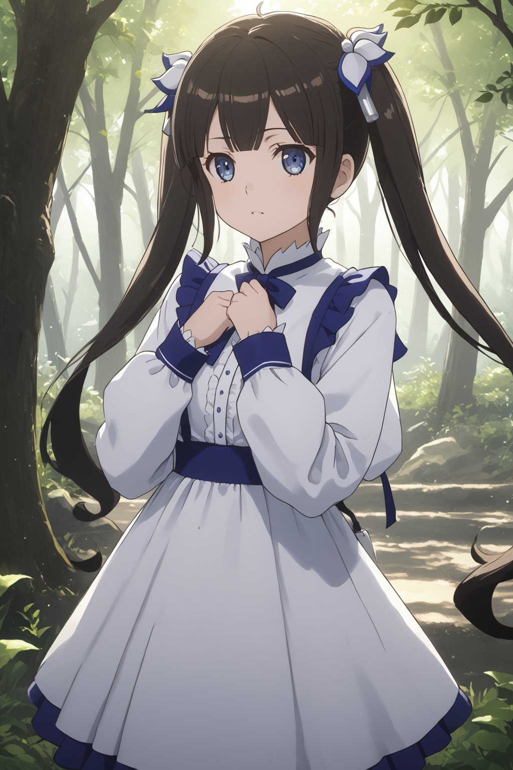 masterpiece, best quality, highres
,//Character, 
1girl,hestia, black hair, blue eyes,
twin tails/long hair, hair ornament
,//Fashion, 

,//Background, 
,//Others, ,Expressiveh, 
A young girl with long brown hair and bright eyes, standing at the edge of a magical forest. She's wearing a simple dress and holding a small backpack. Sunlight filters through the trees, creating a mystical atmosphere. The girl looks excited and slightly nervous.