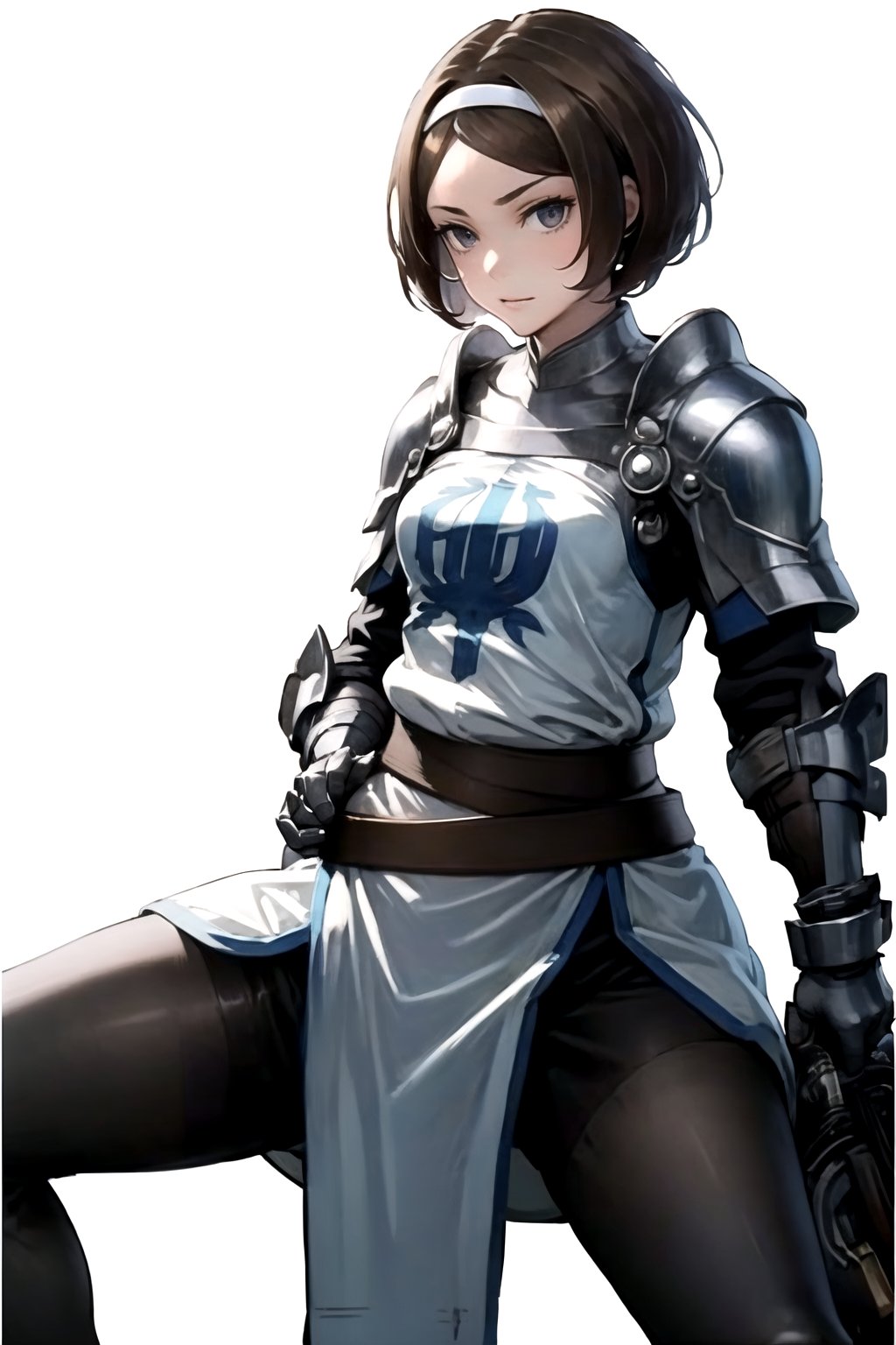 //Quality,
masterpiece, best quality
,//Character,
1girl, solo
,//Fashion, 
,//Background,
white_background
,//Others,
,spread legs, 
Remedios, short hair, hair band, brown hair, armor