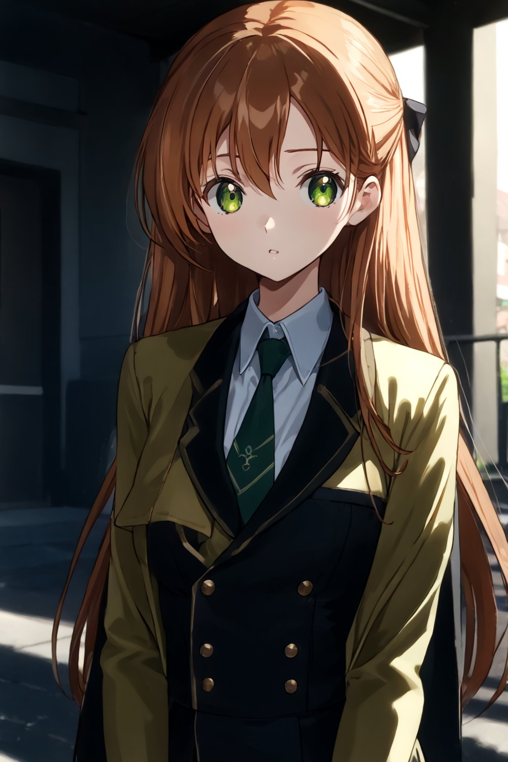 score_9,score_8_up,score_7_up,score_6_up, source_anime, masterpiece, best quality, 8k, 8k UHD, ultra-high resolution, ultra-high definition, highres, cinematic lighting
,//Character, 
1girl, solo,shirley fenette, orange hair, green eyes, half updo, long hair
,//Fashion, 
ashford academy school uniform
,//Background, 
,//Others, ,Expressiveh,
A girl in a slightly oversized school uniform, caught in a sudden gust of wind.