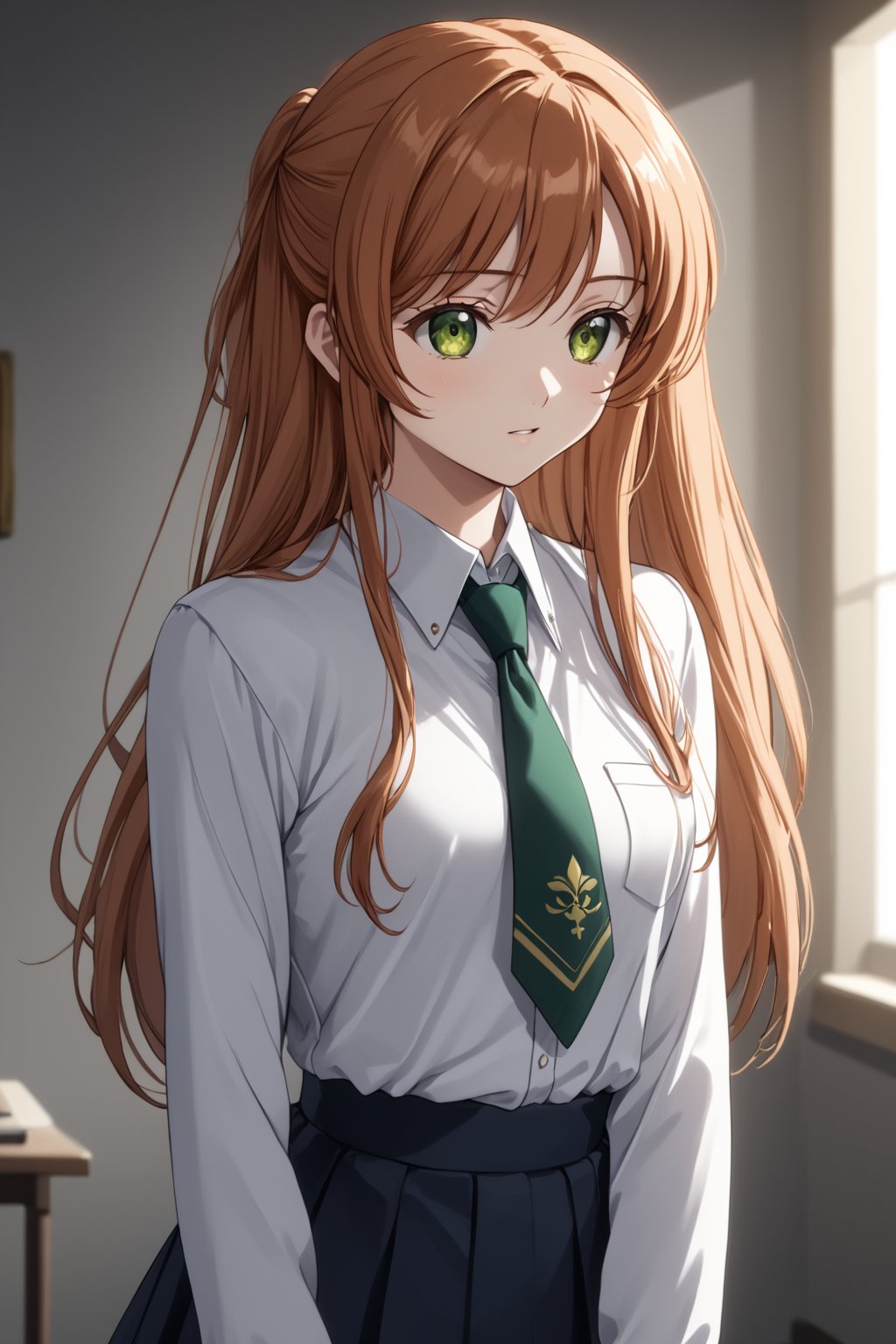 score_9,score_8_up,score_7_up,score_6_up, source_anime, masterpiece, best quality, 8k, 8k UHD, ultra-high resolution, ultra-high definition, highres, cinematic lighting
,//Character, 
1girl, solo,shirley fenette, orange hair, green eyes, half updo, long hair
,//Fashion, 
ashford academy school uniform
,//Background, 
,//Others, ,Expressiveh,
A girl in a slightly oversized school uniform, caught in a sudden gust of wind.