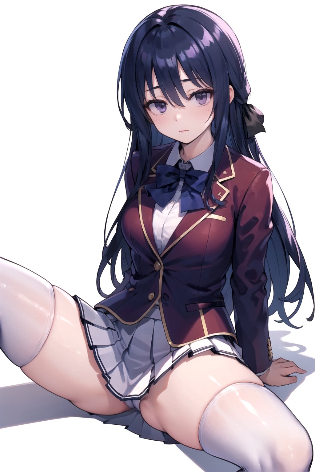 //Quality,
masterpiece, best quality
,//Character,
1girl, solo
,//Fashion, 
,//Background,
white_background
,//Others,
,spread legs, 
,aahiyori, long hair, hair ribbon, purple eyes, school uniform, blue bowtie, red jacket, blazer, pleated skirt, white skirt, thighhighs