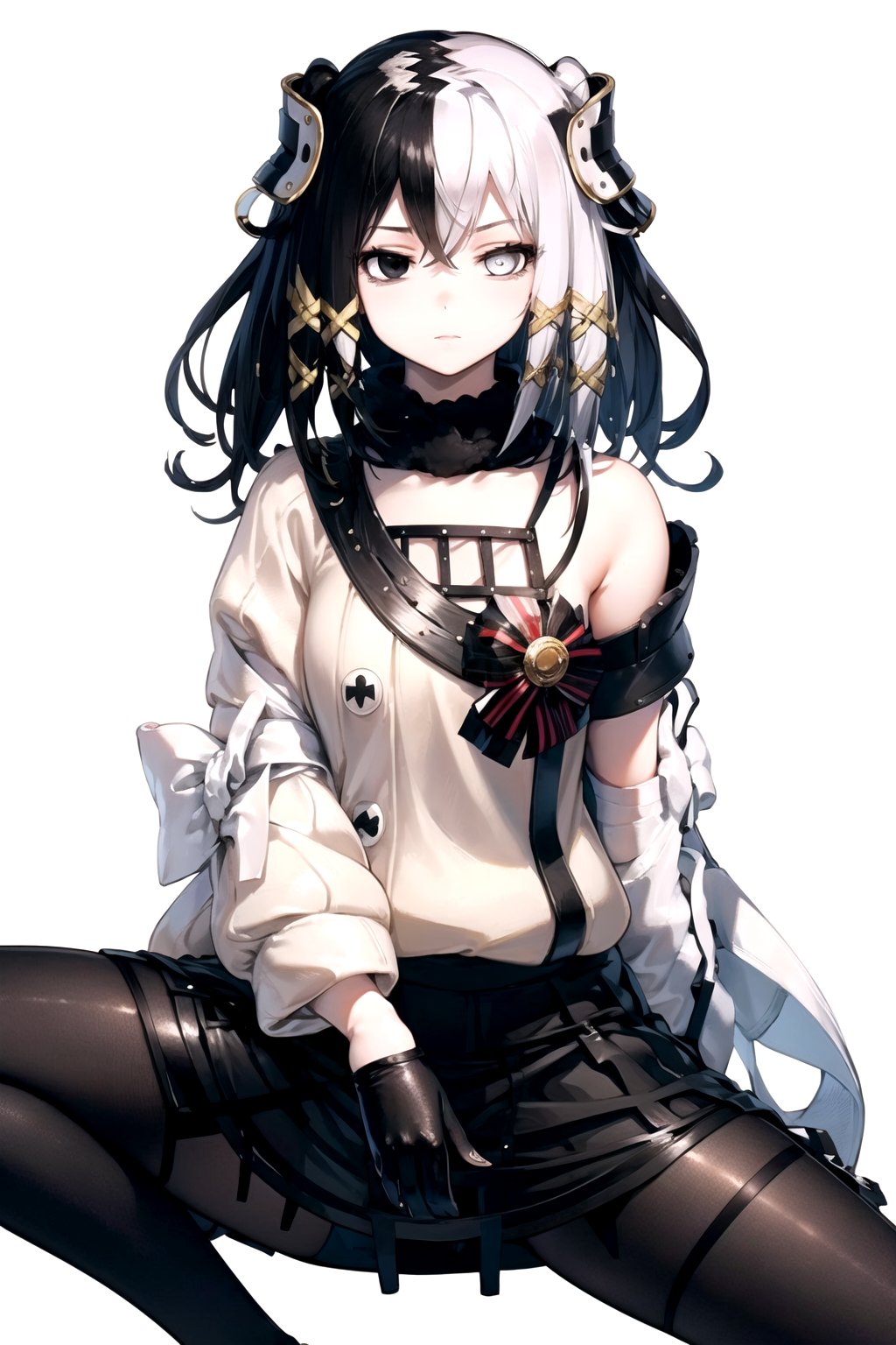 //Quality,
masterpiece, best quality
,//Character,
1girl, solo
,//Fashion, 
,//Background,
white_background
,//Others,
,spread legs, 
,olantilene, hair ornament, heterochromia, sweater, skirt, black gloves