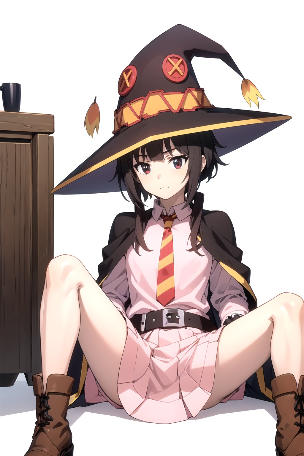 //Quality,
masterpiece, best quality
,//Character,
1girl, solo
,//Fashion, 
,//Background,
white_background
,//Others,
,spread legs, 
Megumin, hat, witch hat, boots, fingerless gloves, dress, belt, long sleeves, pink dress, black gloves, red necktie, pink skirt, shirt, black cape,