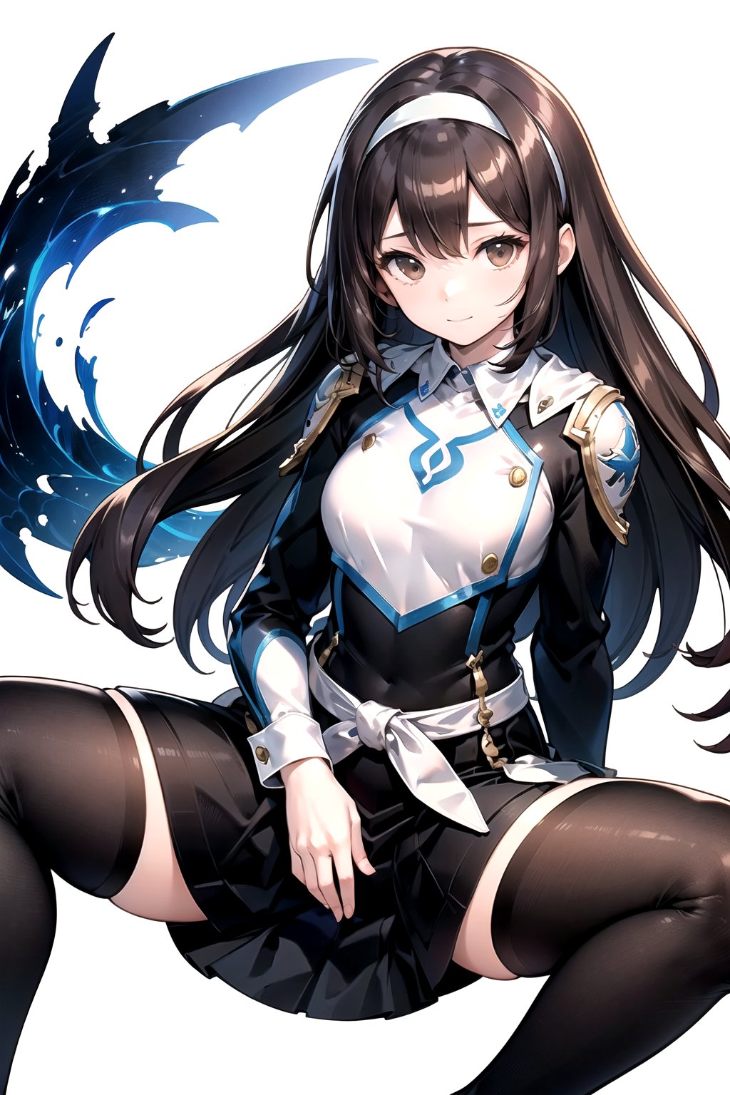 //Quality,
masterpiece, best quality
,//Character,
1girl, solo
,//Fashion, 
,//Background,
white_background
,//Others,
,spread legs, 
,Kelart, extremely long hair, brown hair, white hairband, brown eyes, medium chest, black sleeve, white outfit, black long skirt