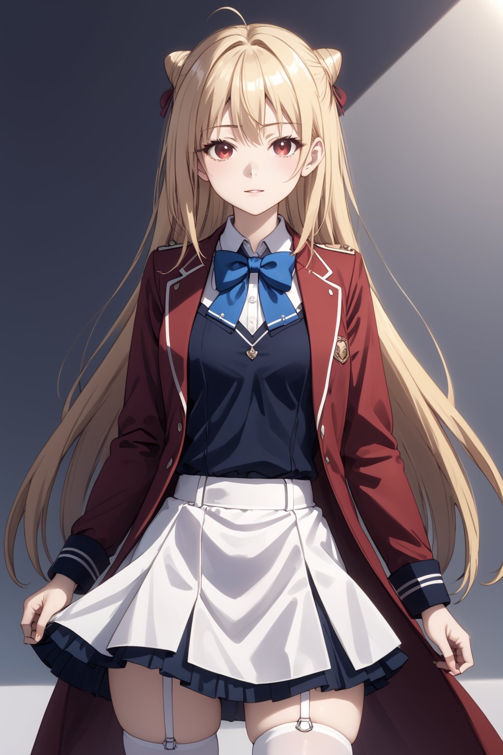 score_9,score_8_up,score_7_up,score_6_up, source_anime, masterpiece, best quality, 8k, 8k UHD, ultra-high resolution, ultra-high definition, highres, cinematic lighting
,//Character, 
1girl, solo,Terakomari, long hair, blonde hair, red eyes, ahoge
,//Fashion, 
red coat, belt buckle, blue bowtie, long sleeves, white skirt, bow, white thighhighs, garter straps
,//Background, 
,//Others, ,Expressiveh,
A girl in a slightly oversized school uniform, caught in a sudden gust of wind.