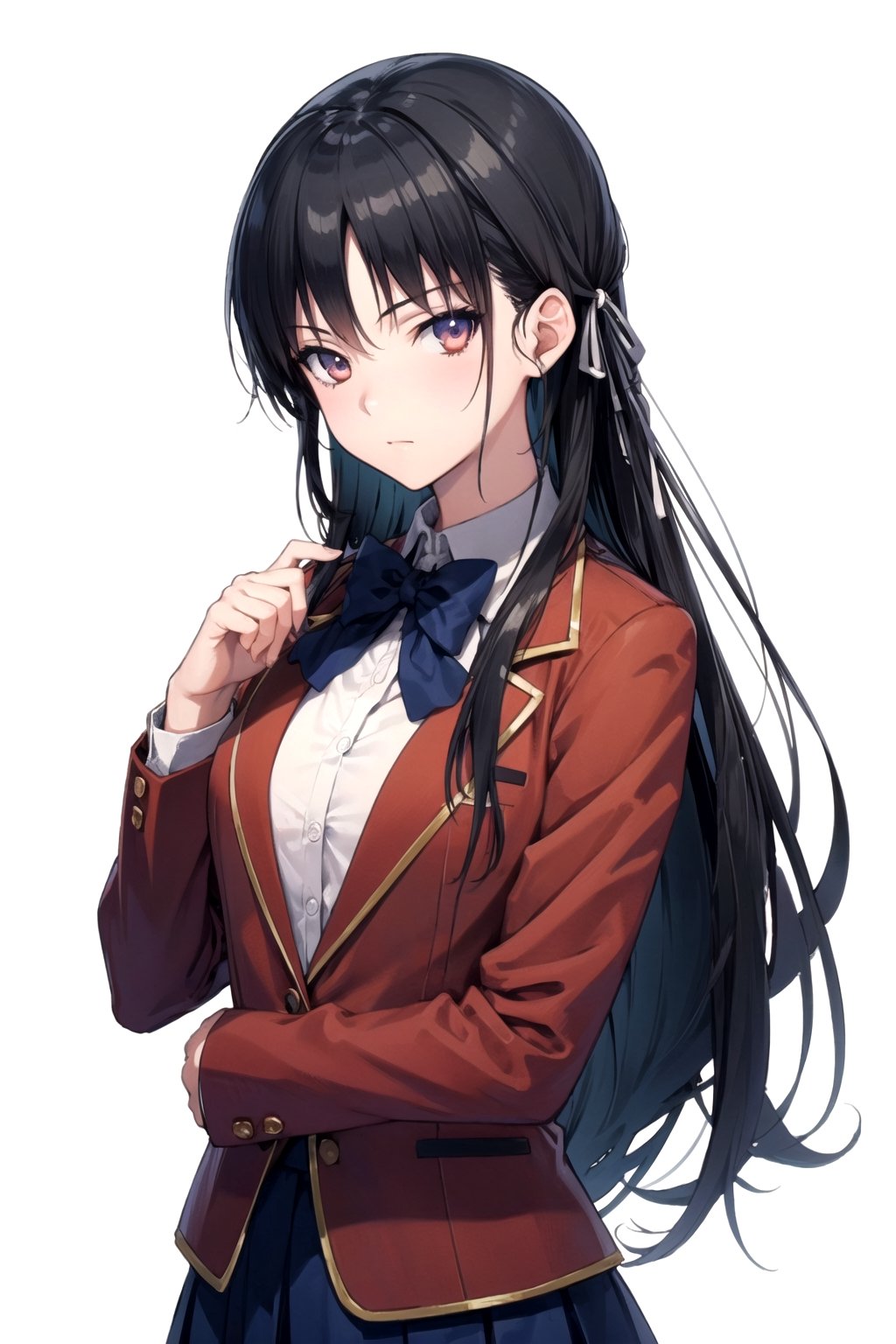 //Quality,
masterpiece, best quality
,//Character,
1girl, solo
,//Fashion,
,//Background,
white_background, simple_background
,//Others,
,Suzune Horikita, school_uniform