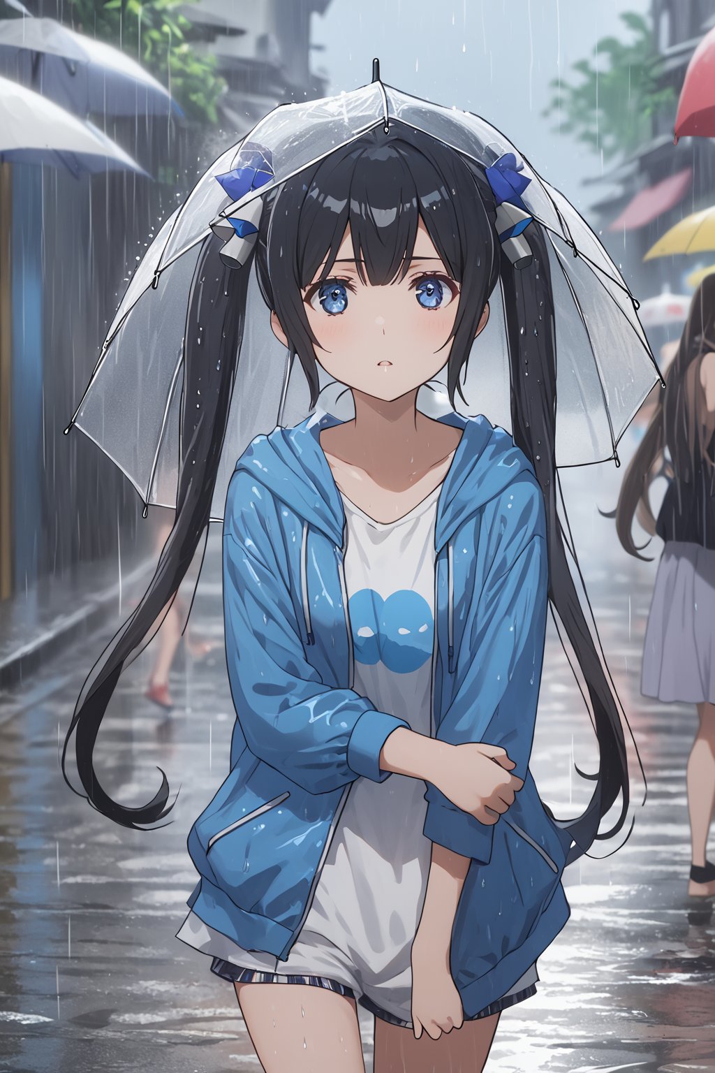 masterpiece, best quality, highres
,//Character, 
1girl,hestia, black hair, blue eyes,
twin tails/long hair, hair ornament
,//Fashion, 

,//Background, 
,//Others, ,Expressiveh, 
A girl in summer clothes caught in unexpected rain, her clothes clinging slightly.