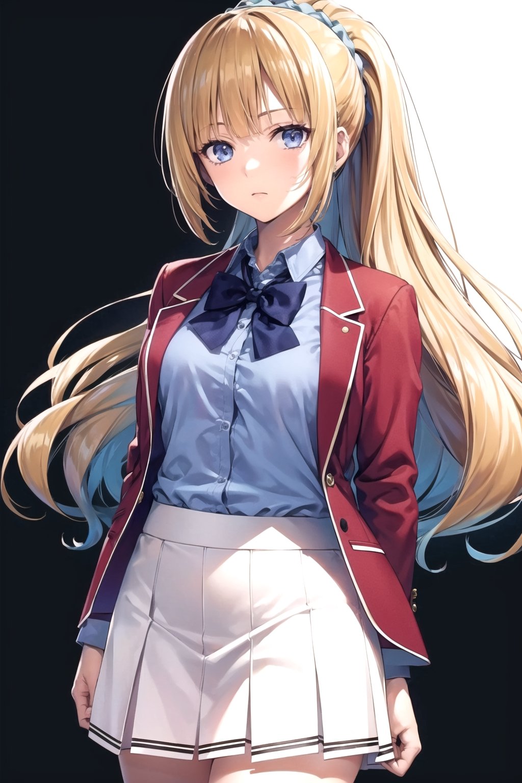 //Quality,
masterpiece, best quality
,//Character,
1girl, solo
,//Fashion,
,//Background,
white_background, simple_background
,//Others,
,KeiKaruizawa, hair scrunchie, school uniform, blue shirt, bowtie, white skirt, red jacket, open jacket, full_body