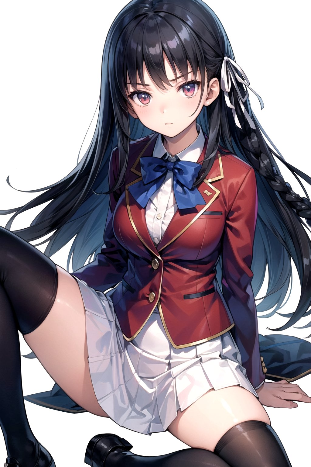 //Quality,
masterpiece, best quality
,//Character,
1girl, solo
,//Fashion, 
,//Background,
white_background
,//Others,
,spread legs, 
,aasuzune, long hair, black hair, single braid, hair ribbon, red jacket, blazer, blue bowtie, long sleeves, white skirt, black thighhighs