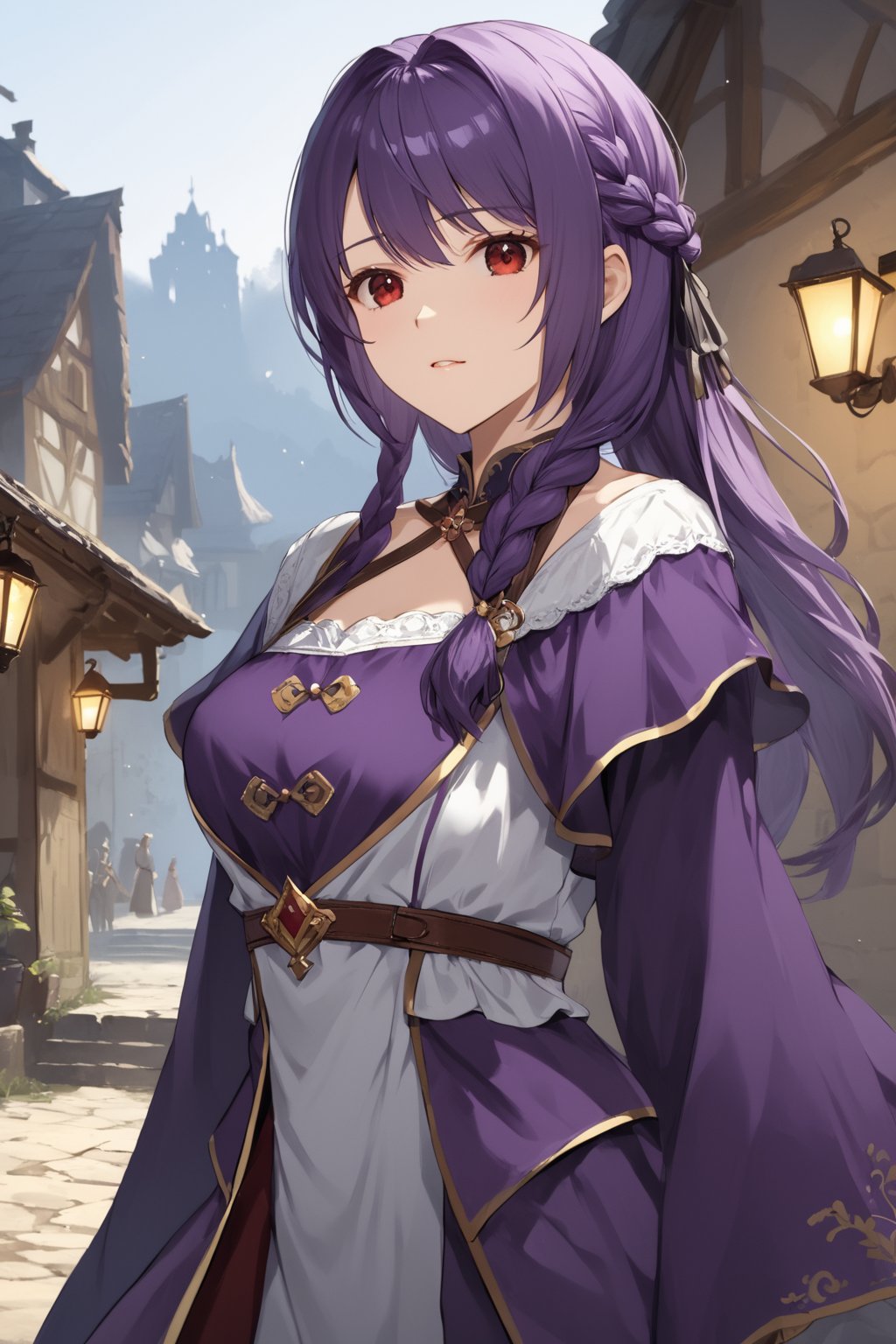 score_9,score_8_up,score_7_up,score_6_up, masterpiece, best quality, highres
,//Character, 
1girl, solo, long hair, purple hair, single braid, red eyes
,//Fashion, 

,//Background, 
,//Others, ,Expressiveh, 
A young woman in a medieval village, looking worried, surrounded by concerned villagers, dark shadows lurking in the background, ominous atmosphere,TatibanaYuStyle