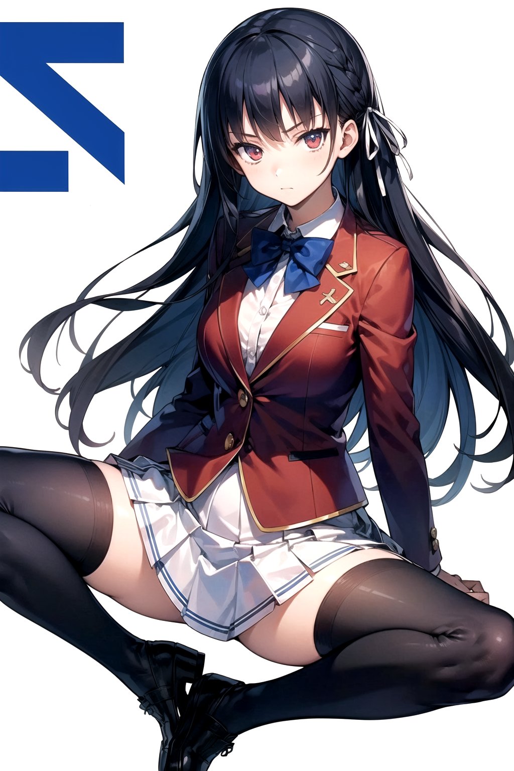 //Quality,
masterpiece, best quality
,//Character,
1girl, solo
,//Fashion, 
,//Background,
white_background
,//Others,
,spread legs, 
,aasuzune, long hair, black hair, single braid, hair ribbon, red jacket, blazer, blue bowtie, long sleeves, white skirt, black thighhighs