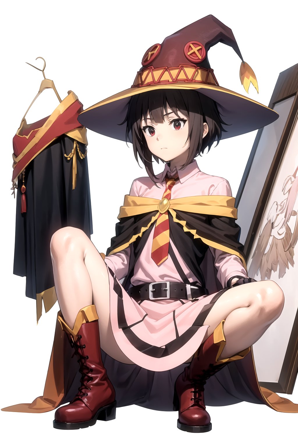 //Quality,
masterpiece, best quality
,//Character,
1girl, solo
,//Fashion, 
,//Background,
white_background
,//Others,
,spread legs, 
Megumin, hat, witch hat, boots, fingerless gloves, dress, belt, long sleeves, pink dress, black gloves, red necktie, pink skirt, shirt, black cape,