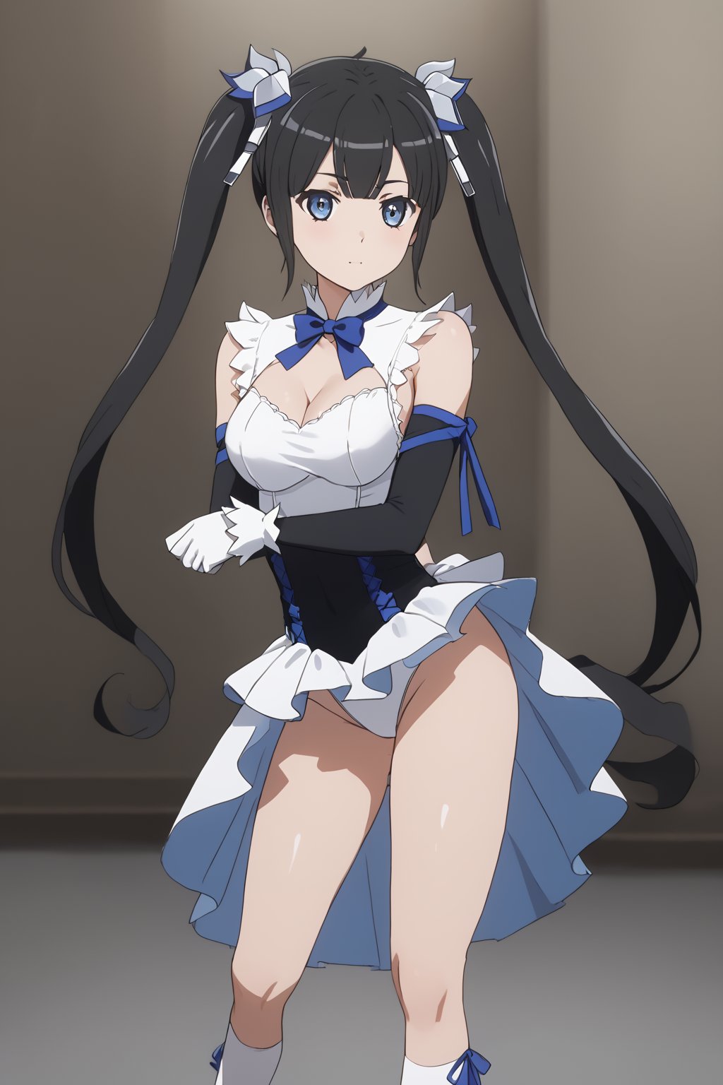 masterpiece, best quality, highres
,//Character, 
1girl,hestia, black hair, blue eyes,
twin tails/long hair, hair ornament
,//Fashion, 

,//Background, 
,//Others, ,Expressiveh, 
A ballet dancer tying her pointe shoes, her leotard highlighting her graceful form.