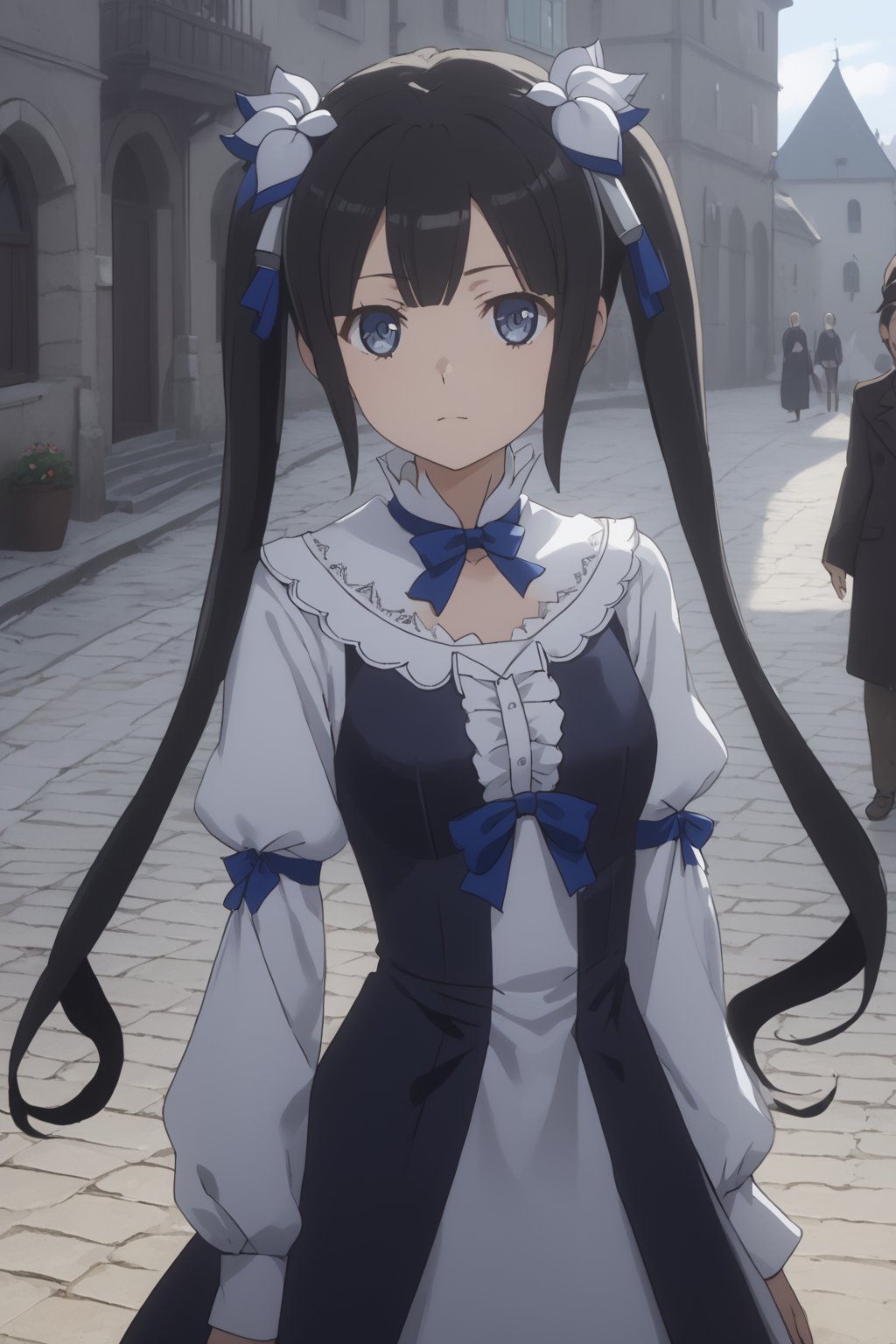 score_9,score_8_up,score_7_up,score_6_up, masterpiece, best quality, highres
,//Character, 
1girl, solo,hestia, black hair, blue eyes,
twin tails/long hair, hair ornament
,//Fashion, 

,//Background, 
,//Others, ,Expressiveh,TatibanaYuStyle, 
A young woman in a medieval village, looking worried, surrounded by concerned villagers, dark shadows lurking in the background, ominous atmosphere