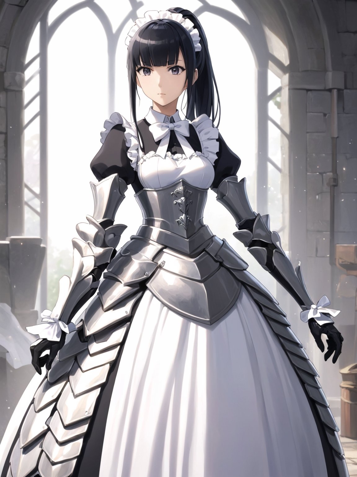 //Quality,
masterpiece, best quality, detailed
,//Character,
1girl, solo
,//Fashion,
,//Background,
,//Others,
,narberal gamma \(overlord\), 1girl, long hair, black hair, glay eyes, bangs, ponytail, medium breats, ribbon, bow, maid, dress, armor, gloves