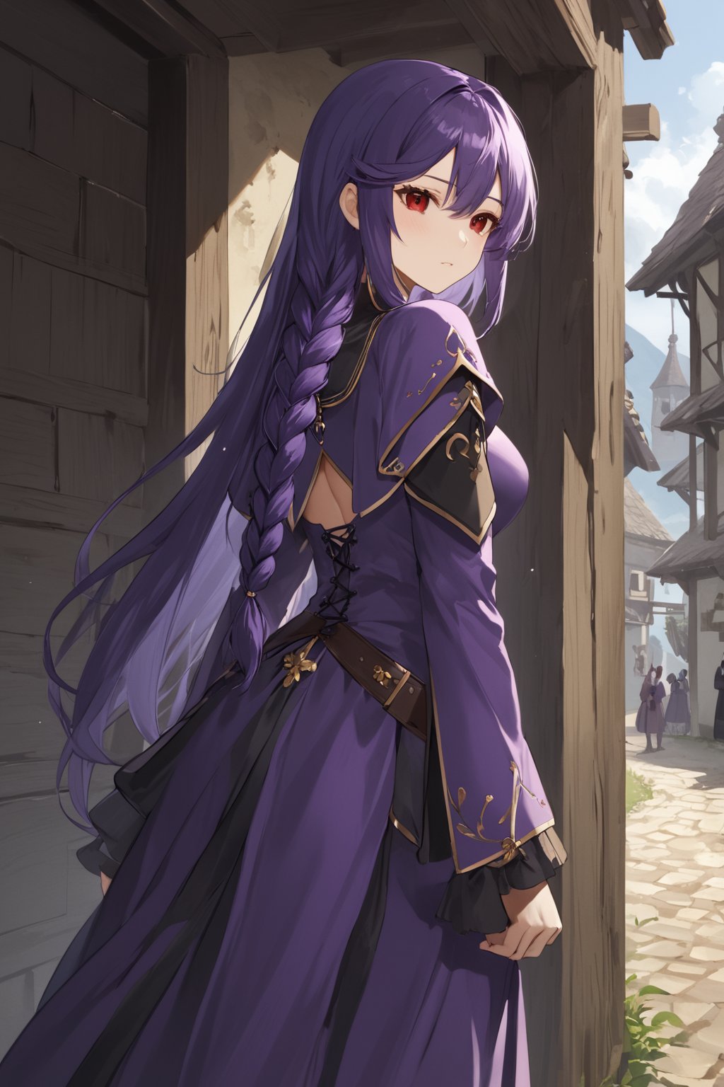 score_9,score_8_up,score_7_up,score_6_up, masterpiece, best quality, highres
,//Character, 
1girl, solo, long hair, purple hair, single braid, red eyes
,//Fashion, 

,//Background, 
,//Others, ,Expressiveh, 
A young woman in a medieval village, looking worried, surrounded by concerned villagers, dark shadows lurking in the background, ominous atmosphere,TatibanaYuStyle