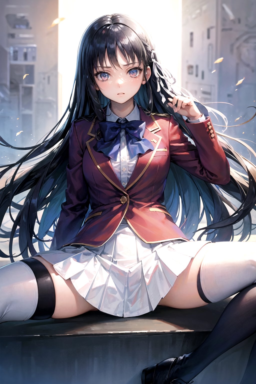 //Quality,
masterpiece, best quality
,//Character,
1girl, solo
,//Fashion, 
,//Background,
white_background
,//Others,
,spread legs, 
,aasuzune, long hair, black hair, single braid, hair ribbon, red jacket, blazer, blue bowtie, long sleeves, white skirt, black thighhighs