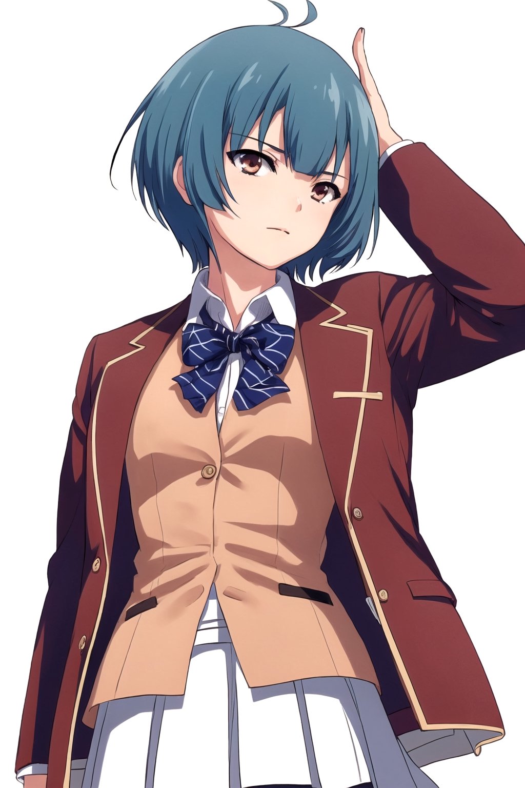 //Quality,
masterpiece, best quality
,//Character,
1girl, solo
,//Fashion,
,//Background,
white_background, simple_background
,//Others,
,1girl ibuki mio short hair blue hair,white skirt red jacket open jacket