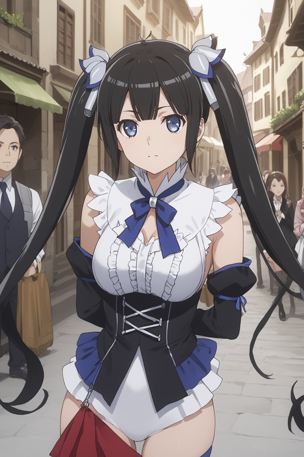 score_9,score_8_up,score_7_up,score_6_up, masterpiece, best quality, highres
,//Character, 
1girl,hestia, black hair, blue eyes,
twin tails/long hair, hair ornament
,//Fashion, 

,//Background, 
,//Others, ,Expressiveh, 
Female mage casting a barrier spell around a small town, magical energy flowing from her hands, townspeople watching in awe