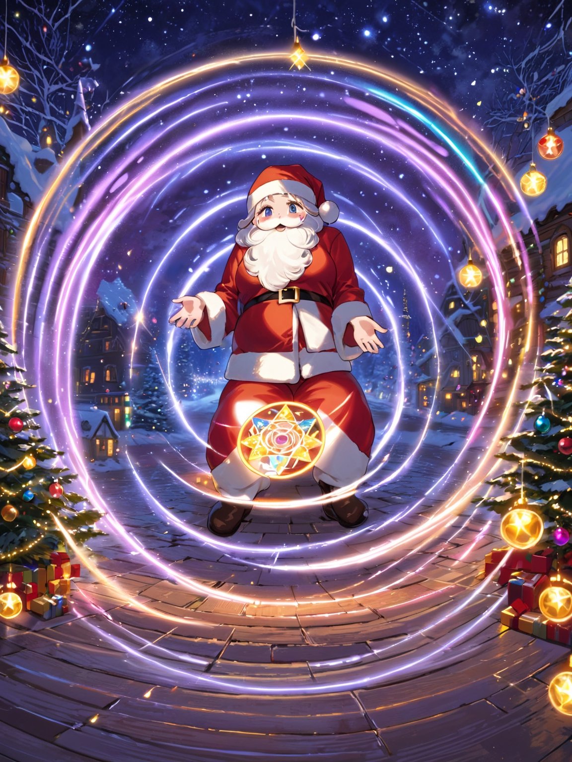 masterpiece, top quality, best quality, highres, extremely detailed CG, 8k:1.2),
(Illustration, focus, perfect lighting, :1.0), (official art, beautiful and aesthetic:1.0), 
,night with bright colorful lights, When the magic circle on the ground is activated, Santa sitting,
