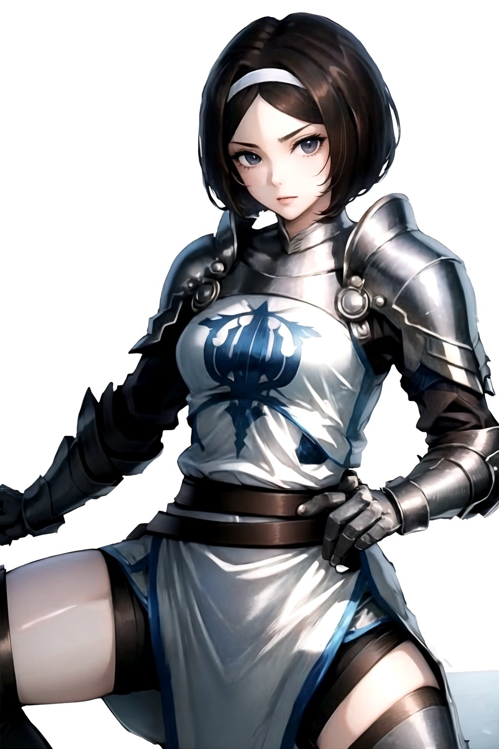 //Quality,
masterpiece, best quality
,//Character,
1girl, solo
,//Fashion, 
,//Background,
white_background
,//Others,
,spread legs, 
Remedios, short hair, hair band, brown hair, armor